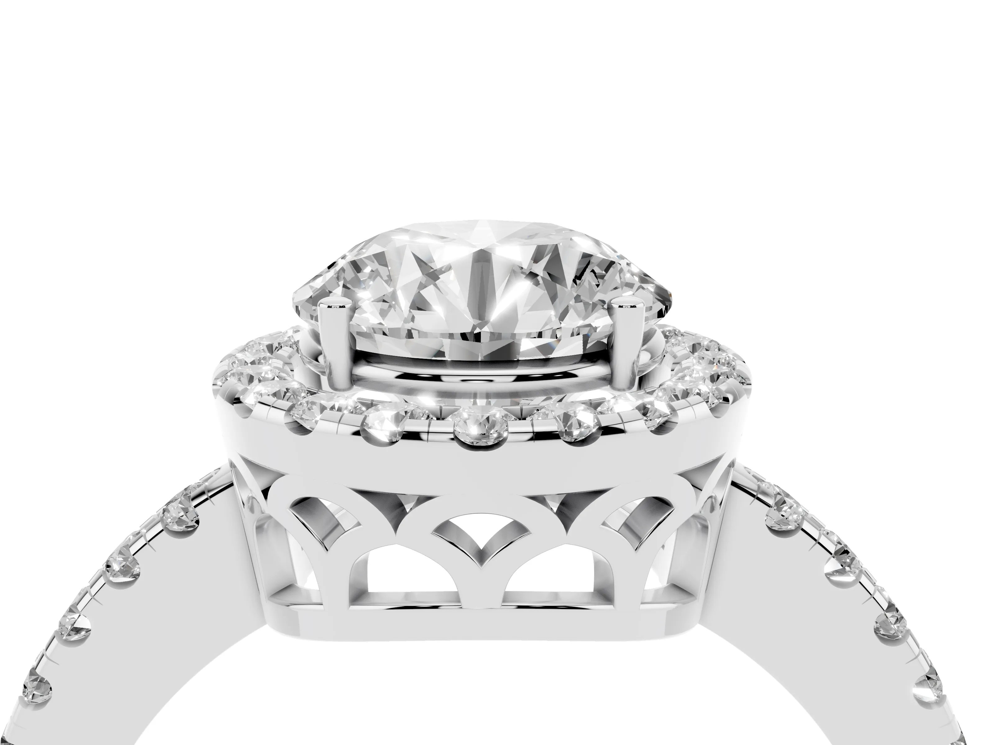 Round Cut Diamond Pavé Band Halo Engagement Ring Set in White gold with Prong Setting