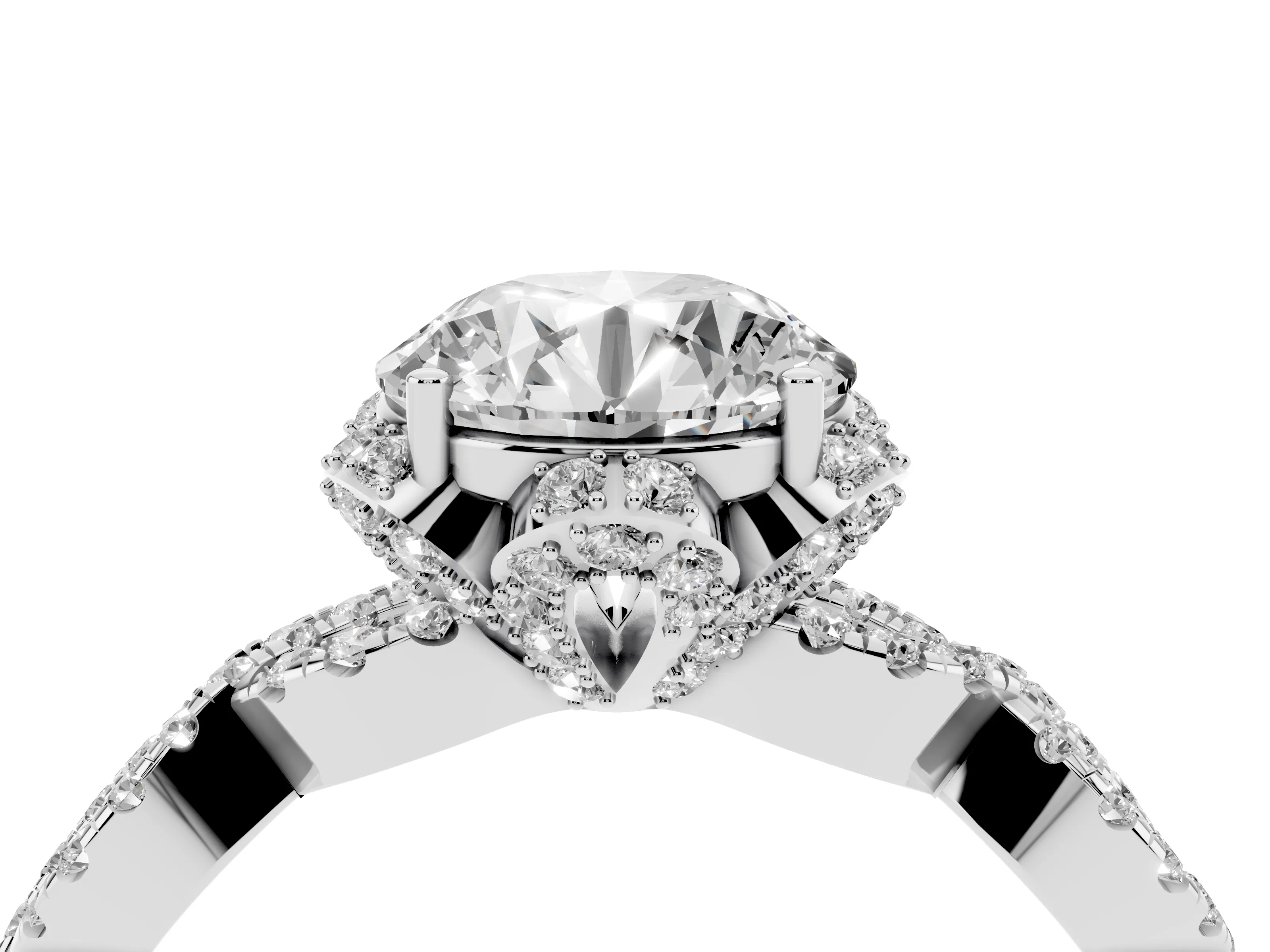 Round Cut Diamond Halo Twist Band Solitaire Ring Set in White gold with Prong-Set Center Stone