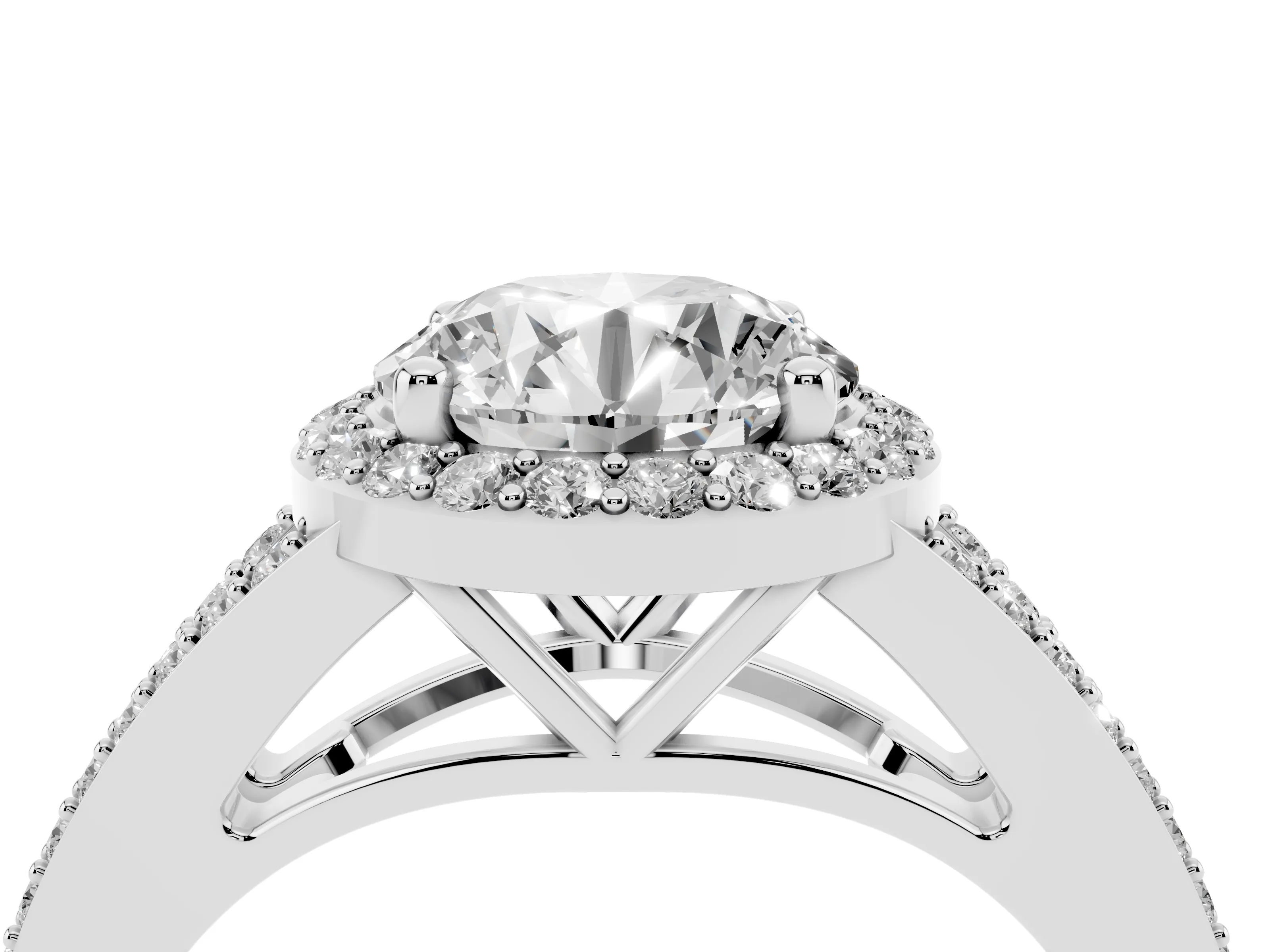 Round Cut Diamond Halo Split Shank Pavé Ring Set in Platinum with Prong Setting