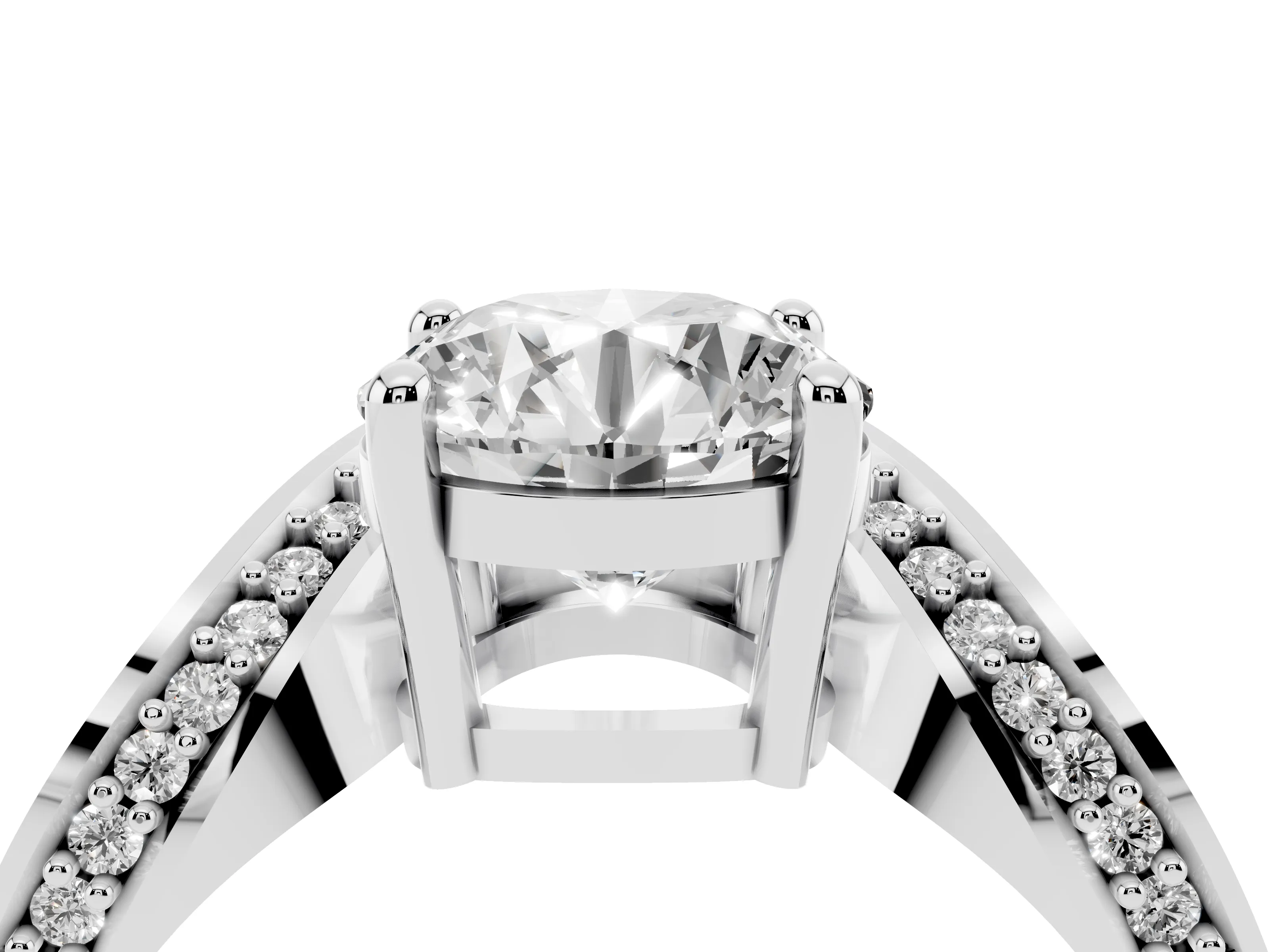 Round Cut Diamond Solitaire Engagement Ring Set in Silver with Pavé Shoulders