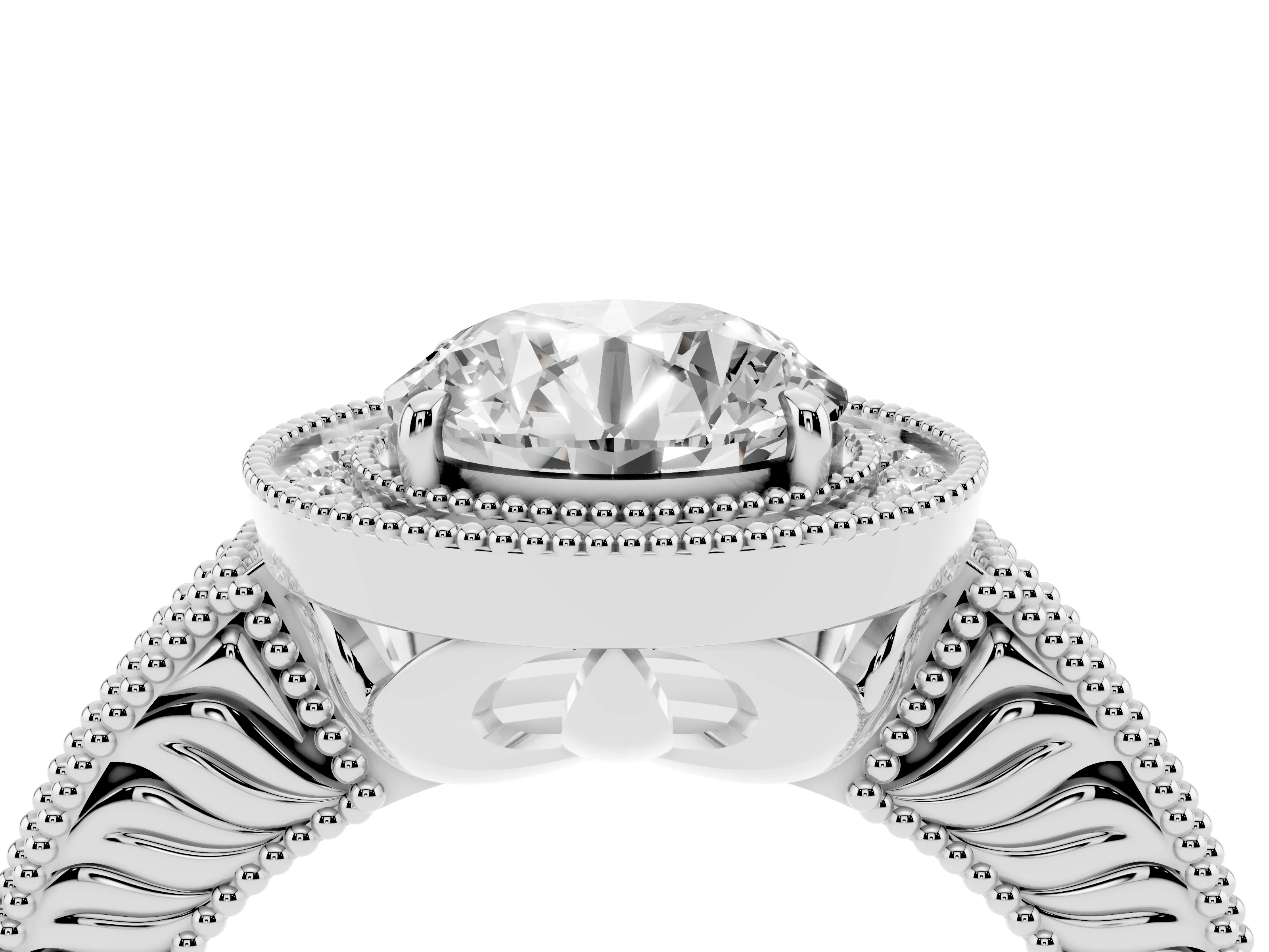 Round Cut Diamond Halo Ring Set in White gold with Round Accent Halo, Pavé Band and Prong Setting