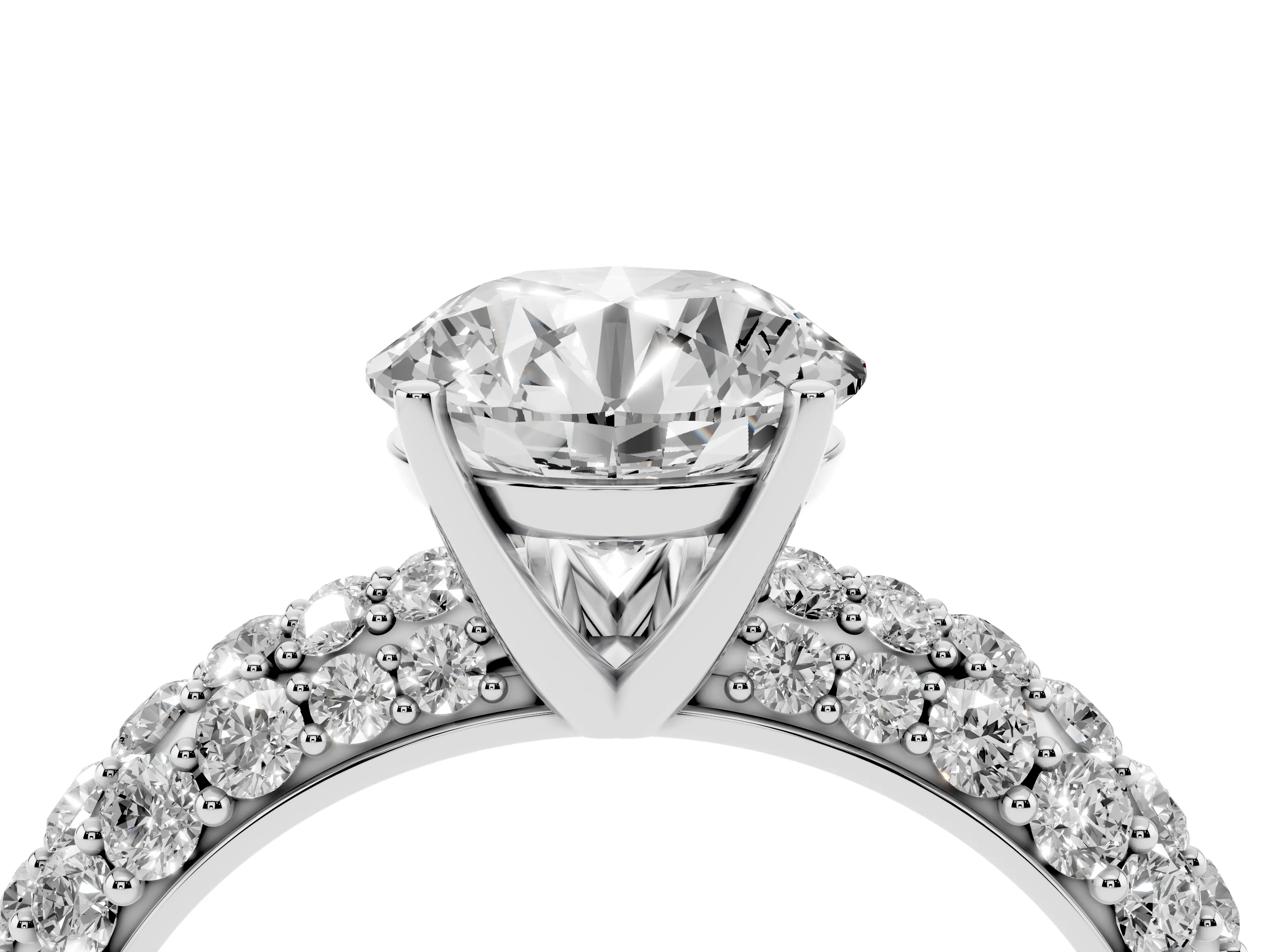 Round Cut Diamond Pavé Band Solitaire Ring Set in White gold with Close-Set Accent Stones and Prong Setting