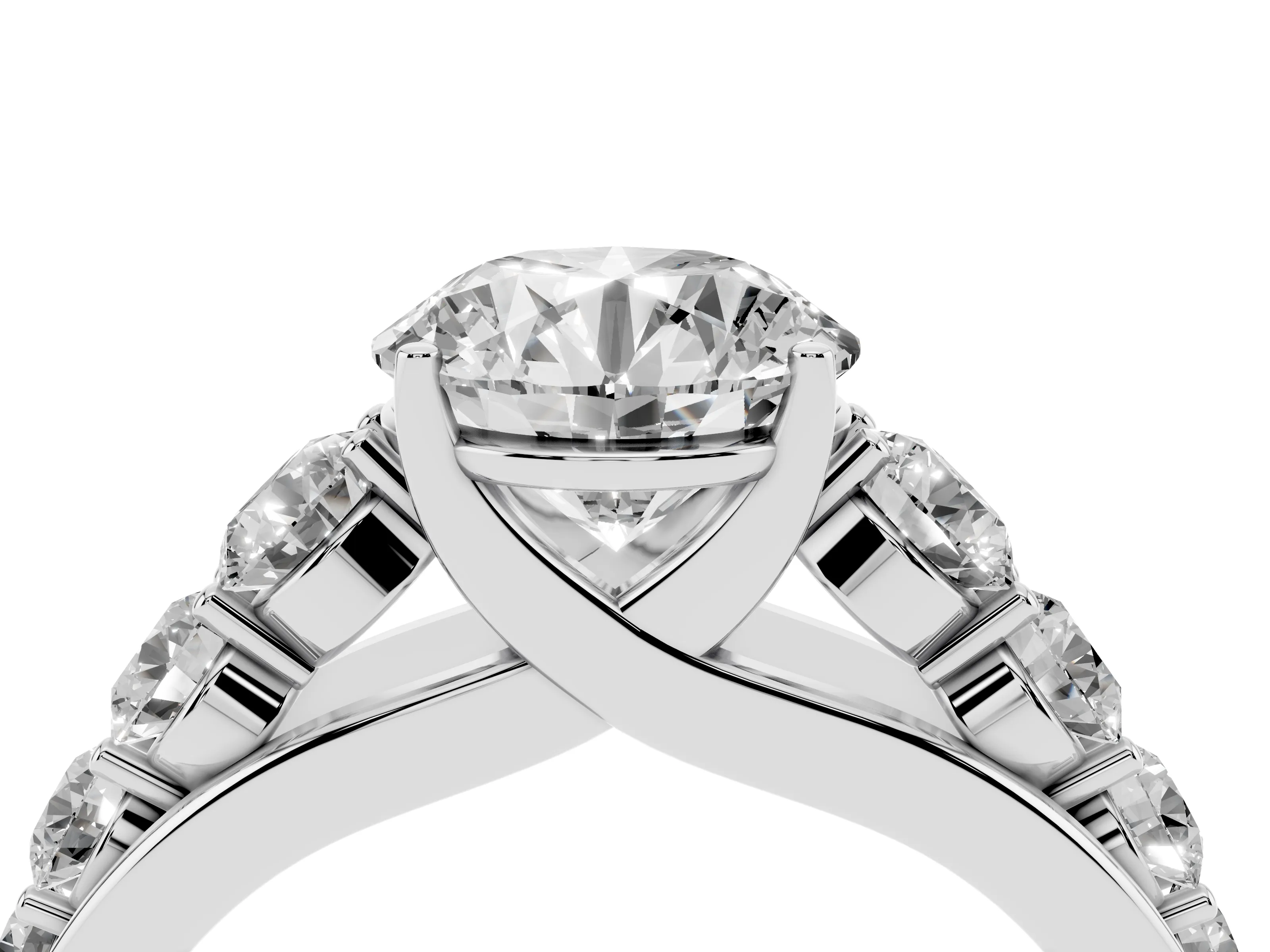Round Cut Diamond Solitaire Ring Set in Platinum with Pavé-Set Band and Prong Setting