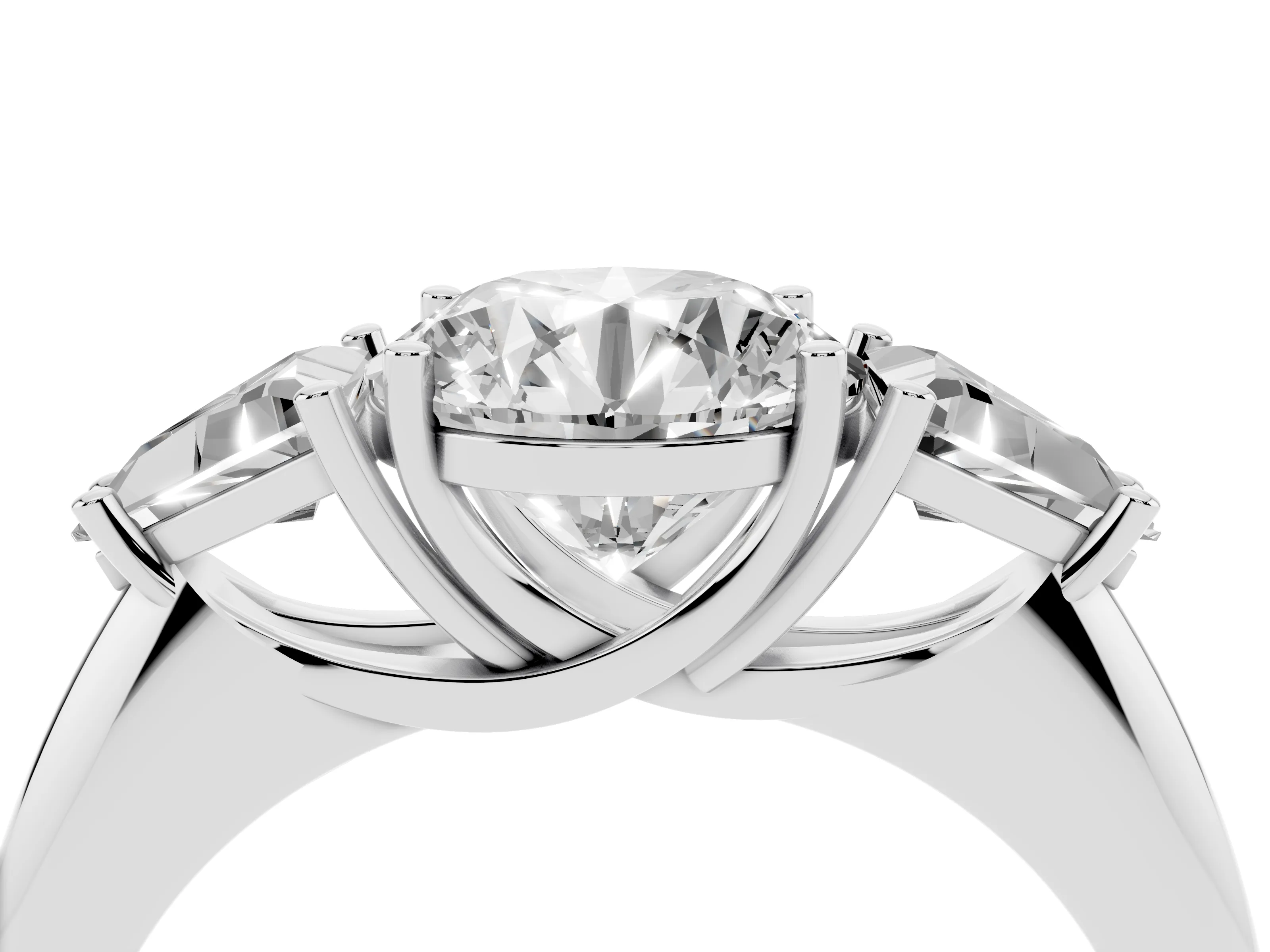 Round Cut Diamond Three-Stone Engagement Ring Set in White gold with Trillion Side Stones