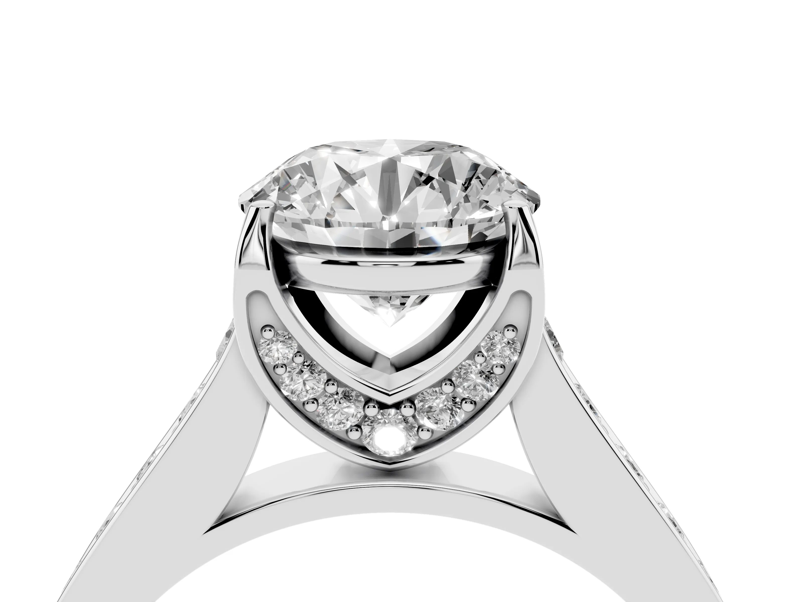 Round Cut Diamond Solitaire Pavé Engagement Ring Set in Silver with Prong Setting