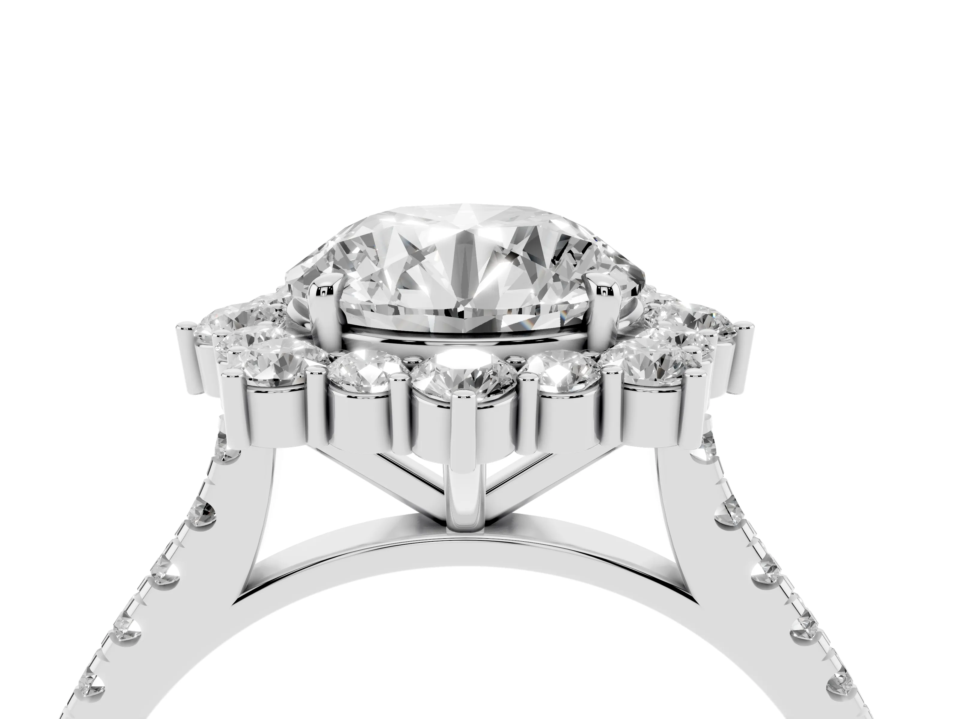 Round Cut Diamond Halo Ring Set in Silver with Pavé Band and Prong Setting