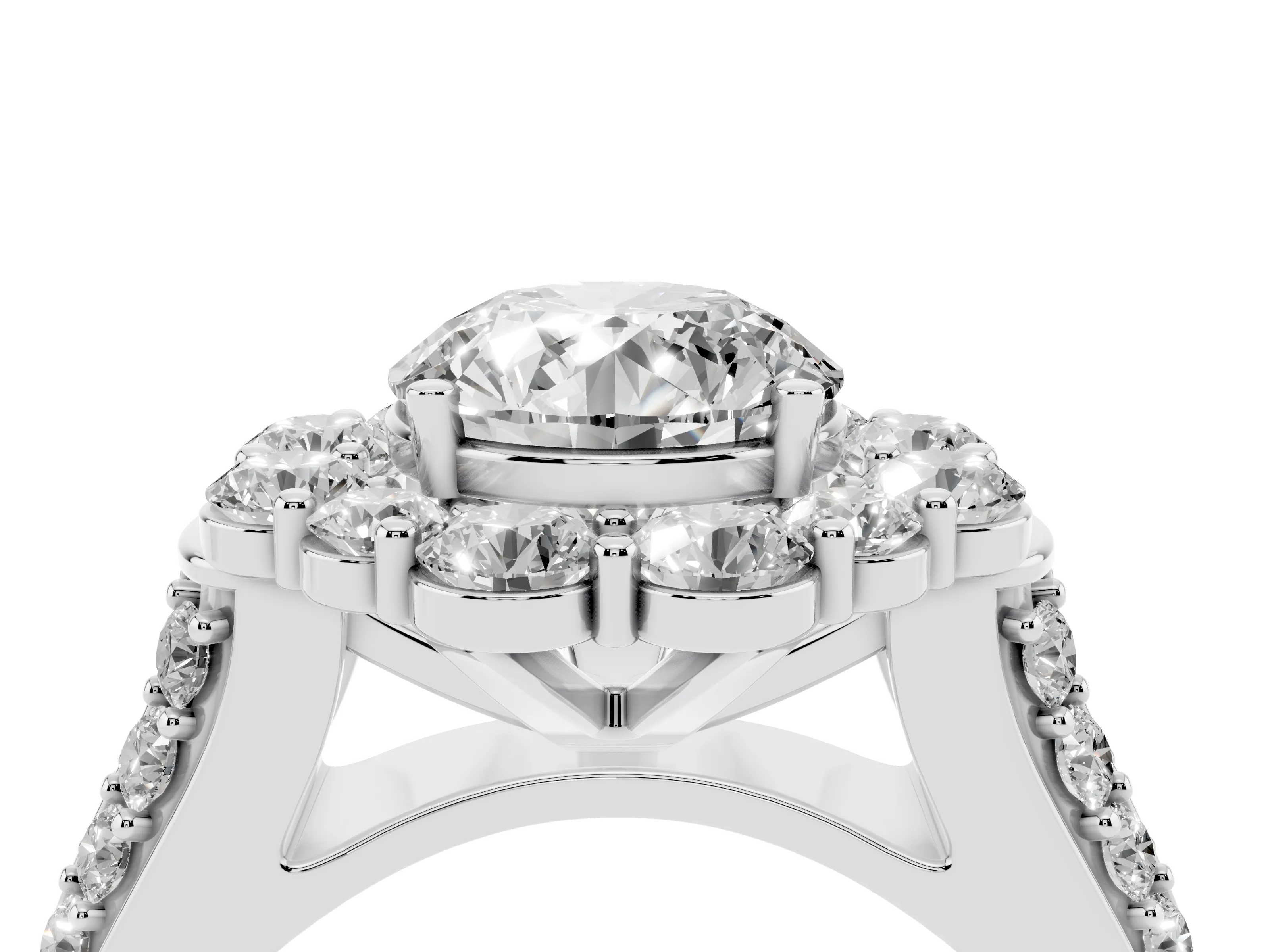 Round Cut Diamond Halo Engagement Ring Set in White gold with Split Shank and Prong Setting