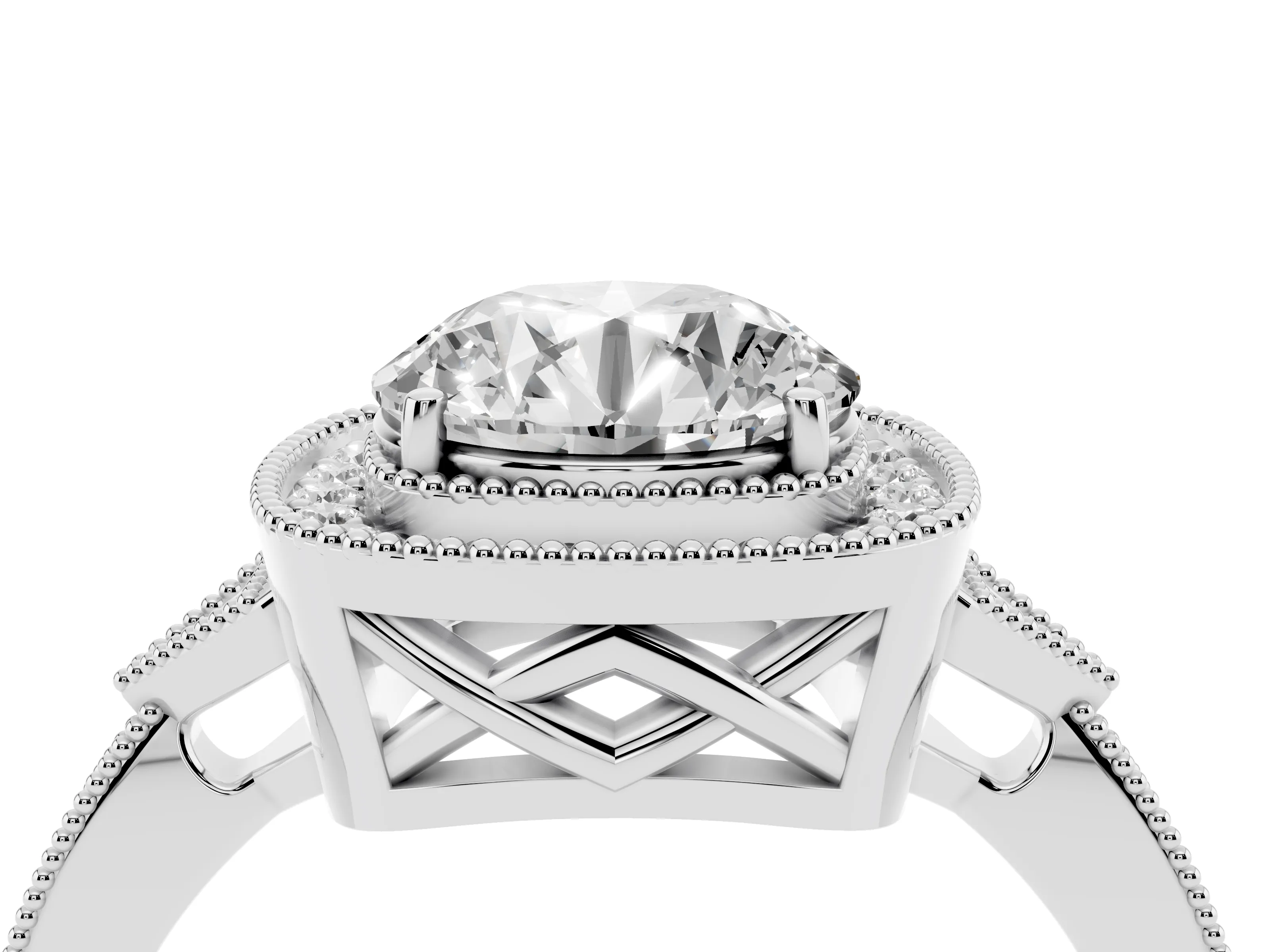 Round Cut Diamond Halo Engagement Ring Set in White gold with Milgrain Pavé Band