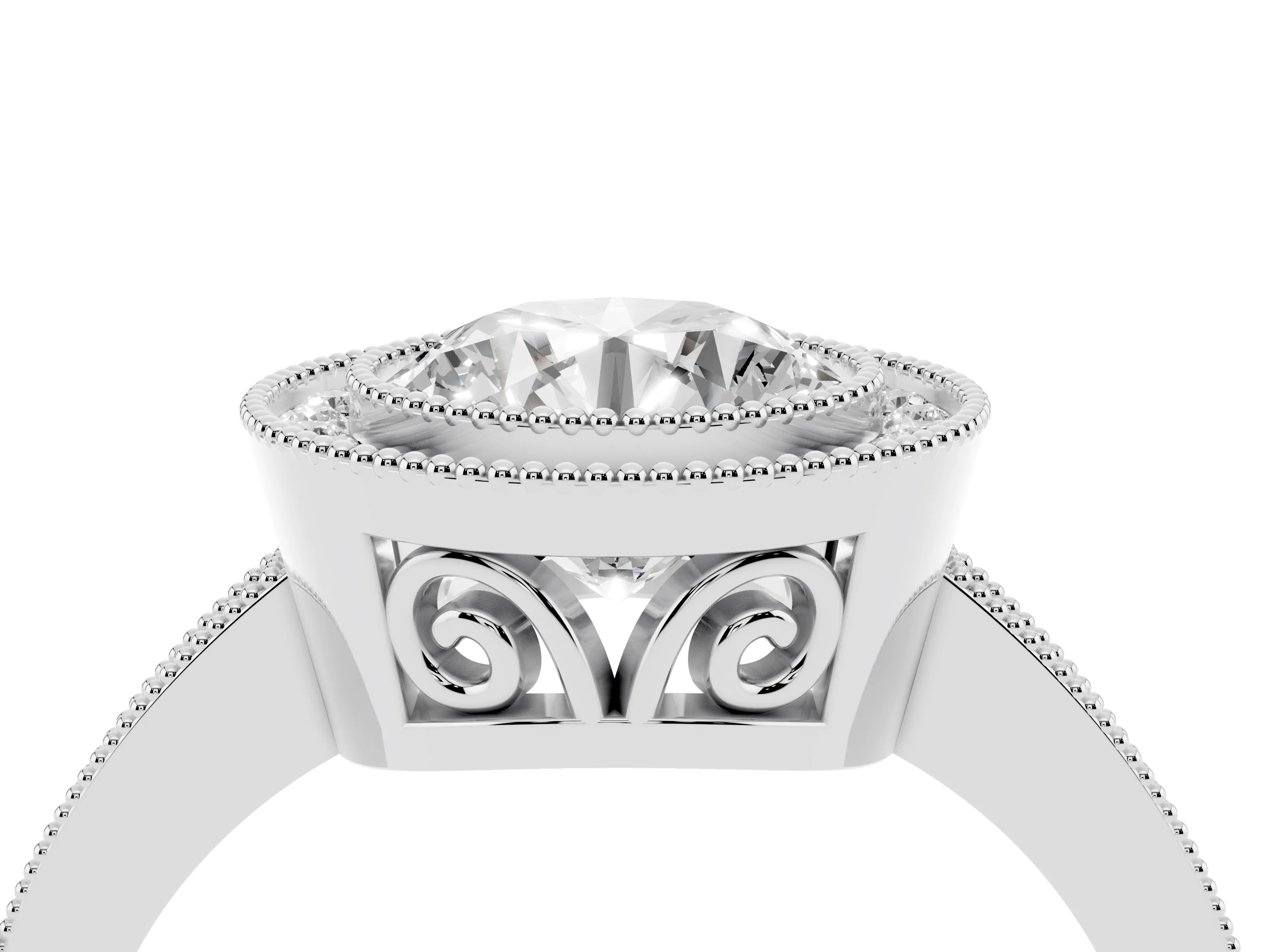 Round Cut Diamond Halo Ring Set in White gold with Pavé Band and Milgrain-Edged Prongs
