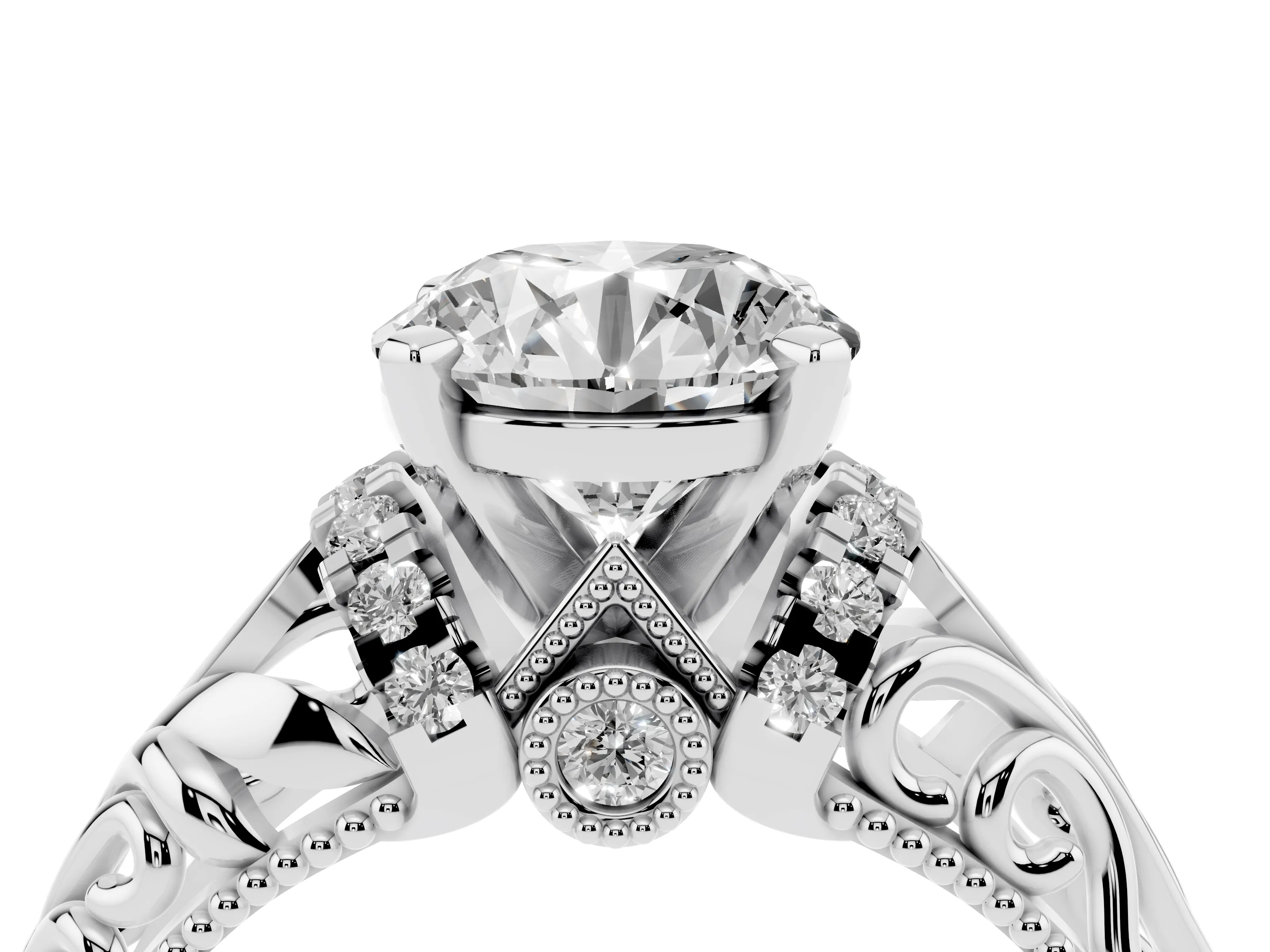 Round Cut Diamond Filigree Halo Engagement Ring Set in White gold with Prong Setting