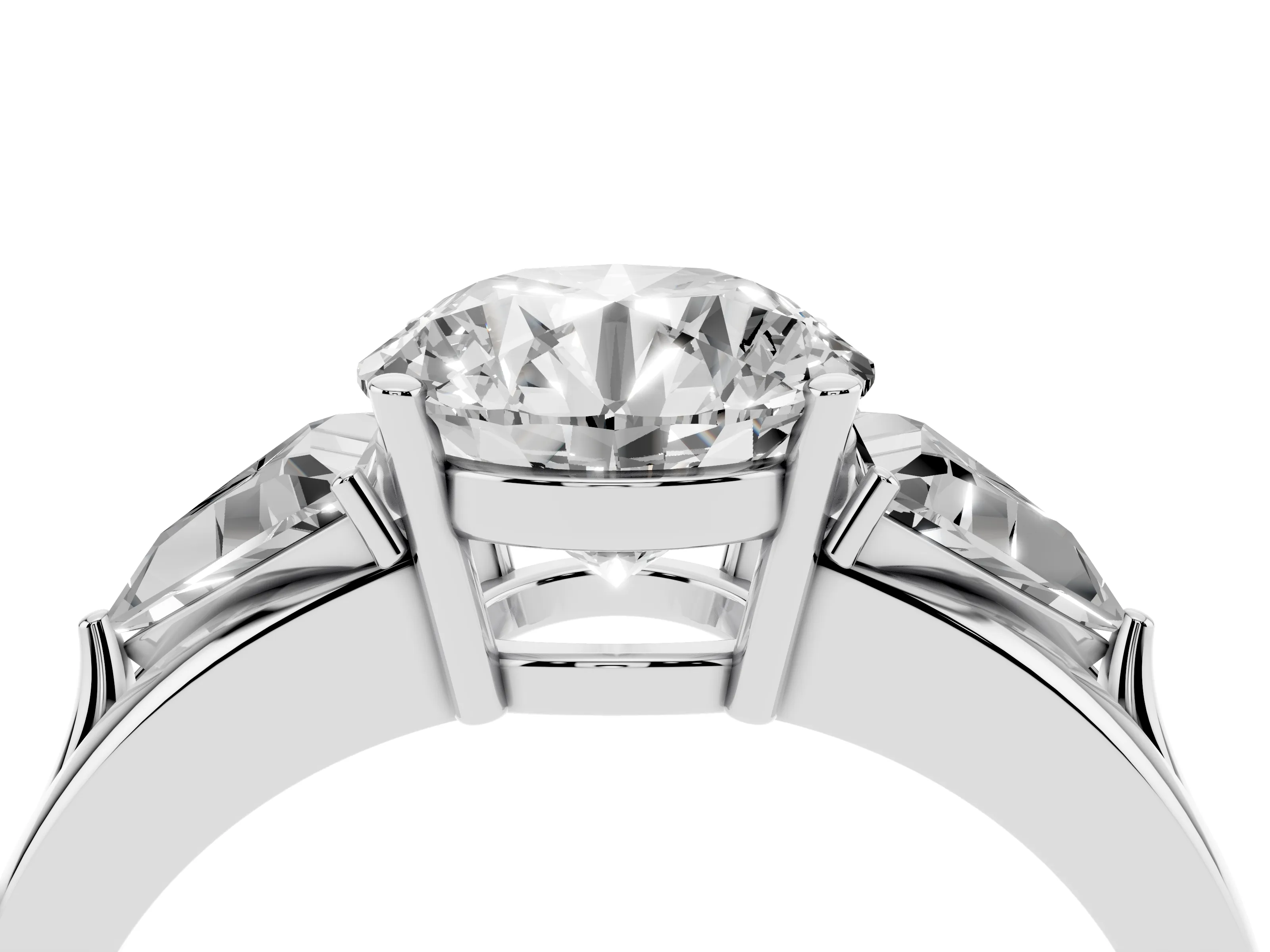 Round Cut Diamond Three-Stone Ring Set in Platinum with Trillion Side Stones and Split Shank