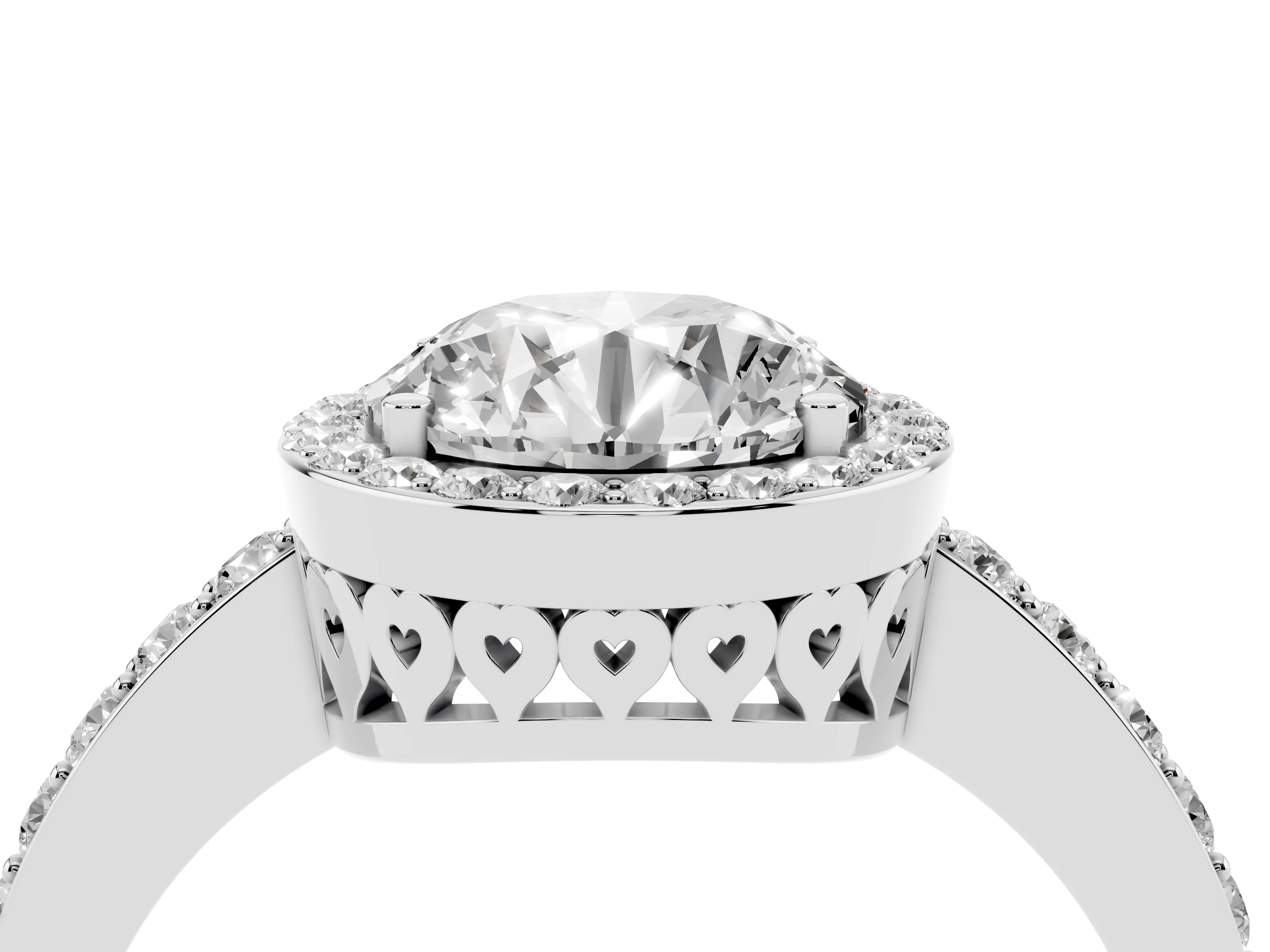 Round Cut Diamond Halo Ring Set in White gold with Pavé-Setting Band and Open Prong Center