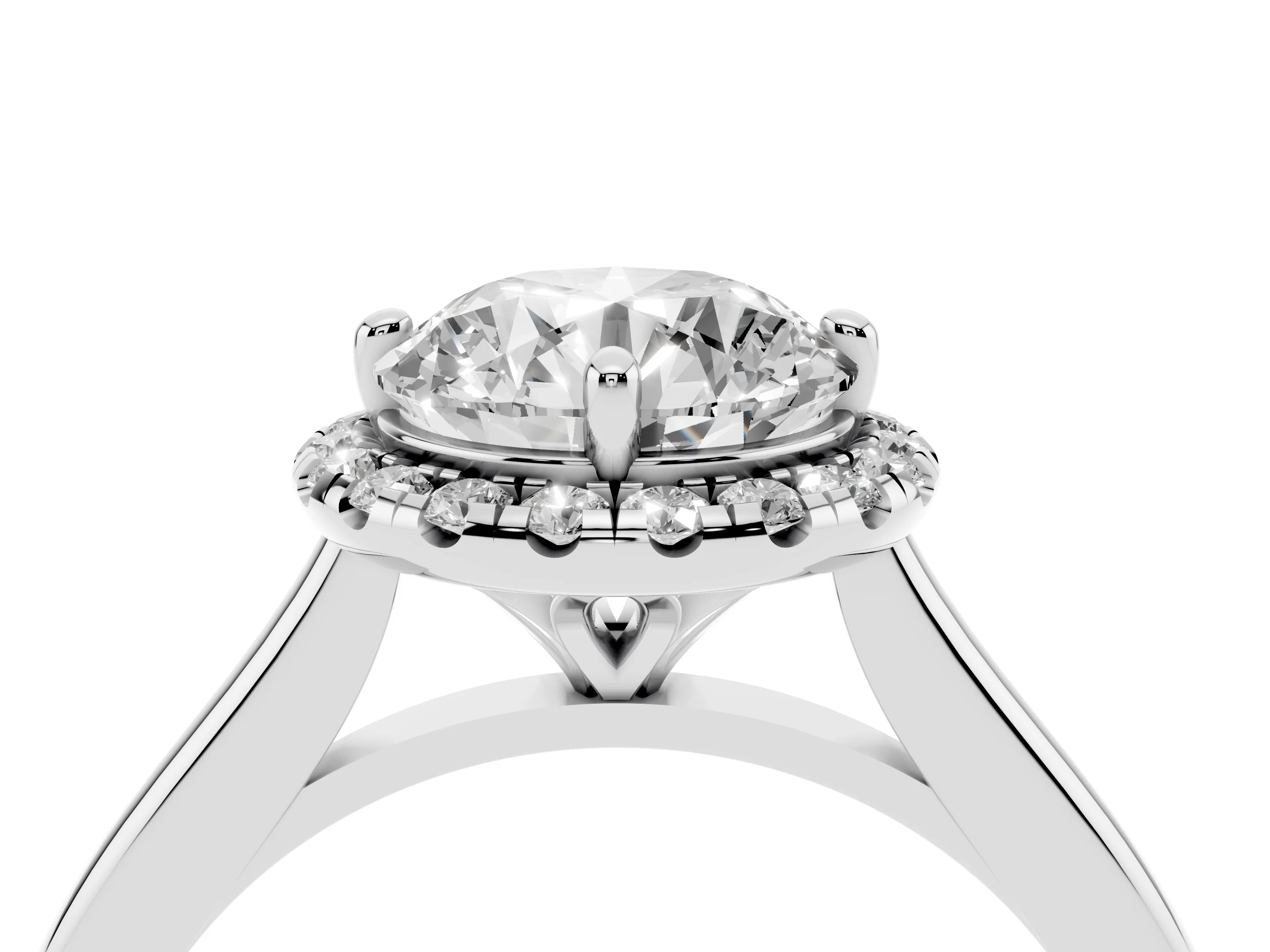 Round Cut Diamond Halo Engagement Ring Set in Platinum with Pavé Band and Rising Shoulders
