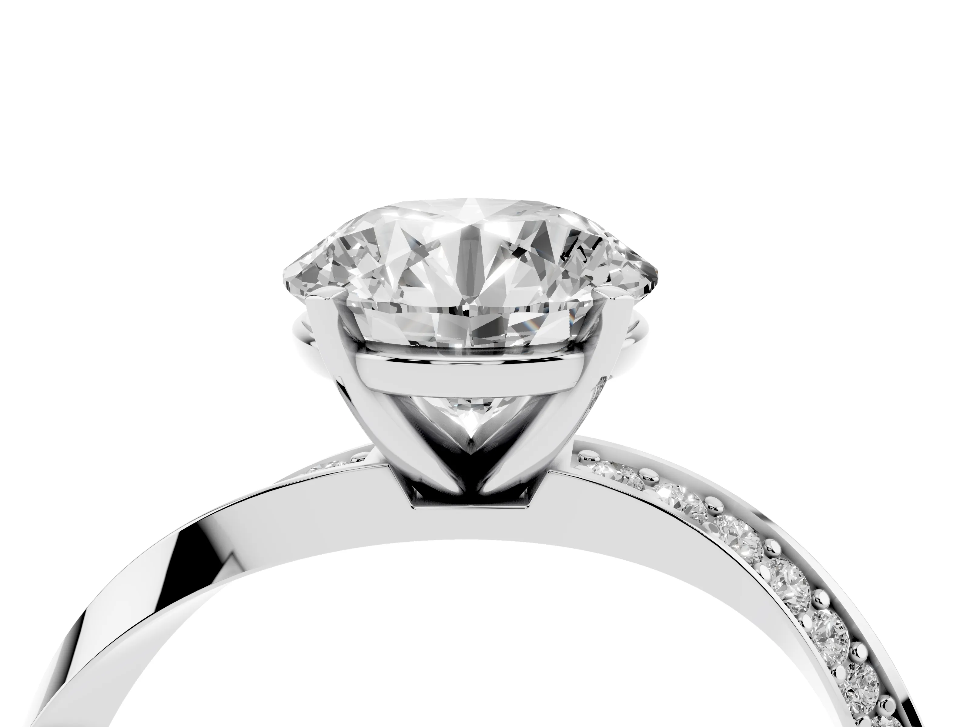 Round Cut Diamond Engagement Ring Set in White gold with Side Stone Accents and Prong Setting