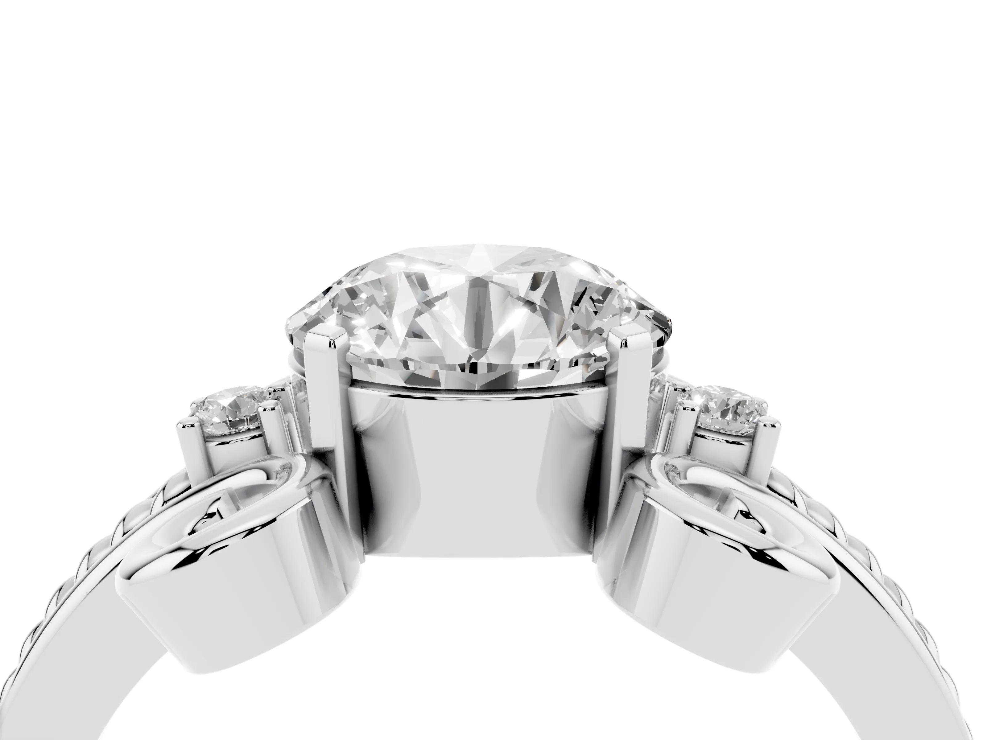 Round Cut Diamond Twisted Band Solitaire Ring Set in White gold with Scroll Prongs