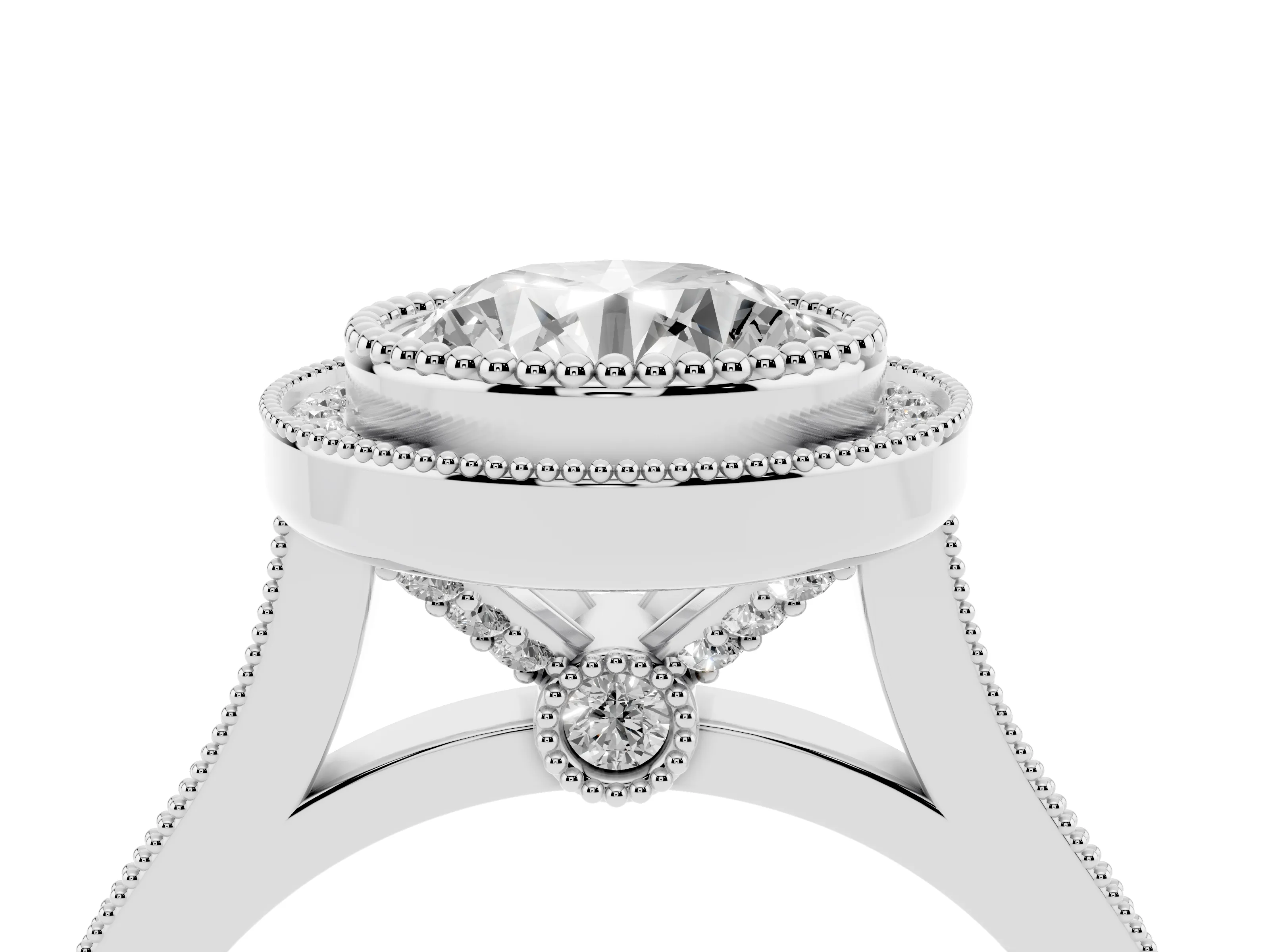 Round Cut Diamond Halo Ring Set in Platinum with Milgrain Frame and Pavé Band
