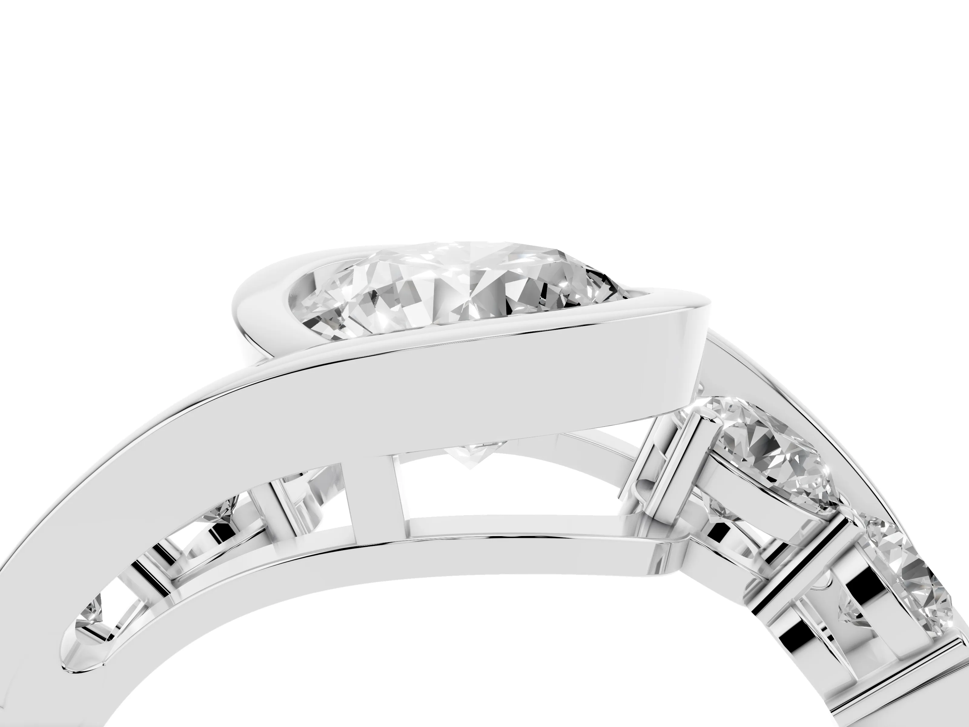 Round Cut Diamond Bezel Bypass Ring Set in Silver with Round Accents