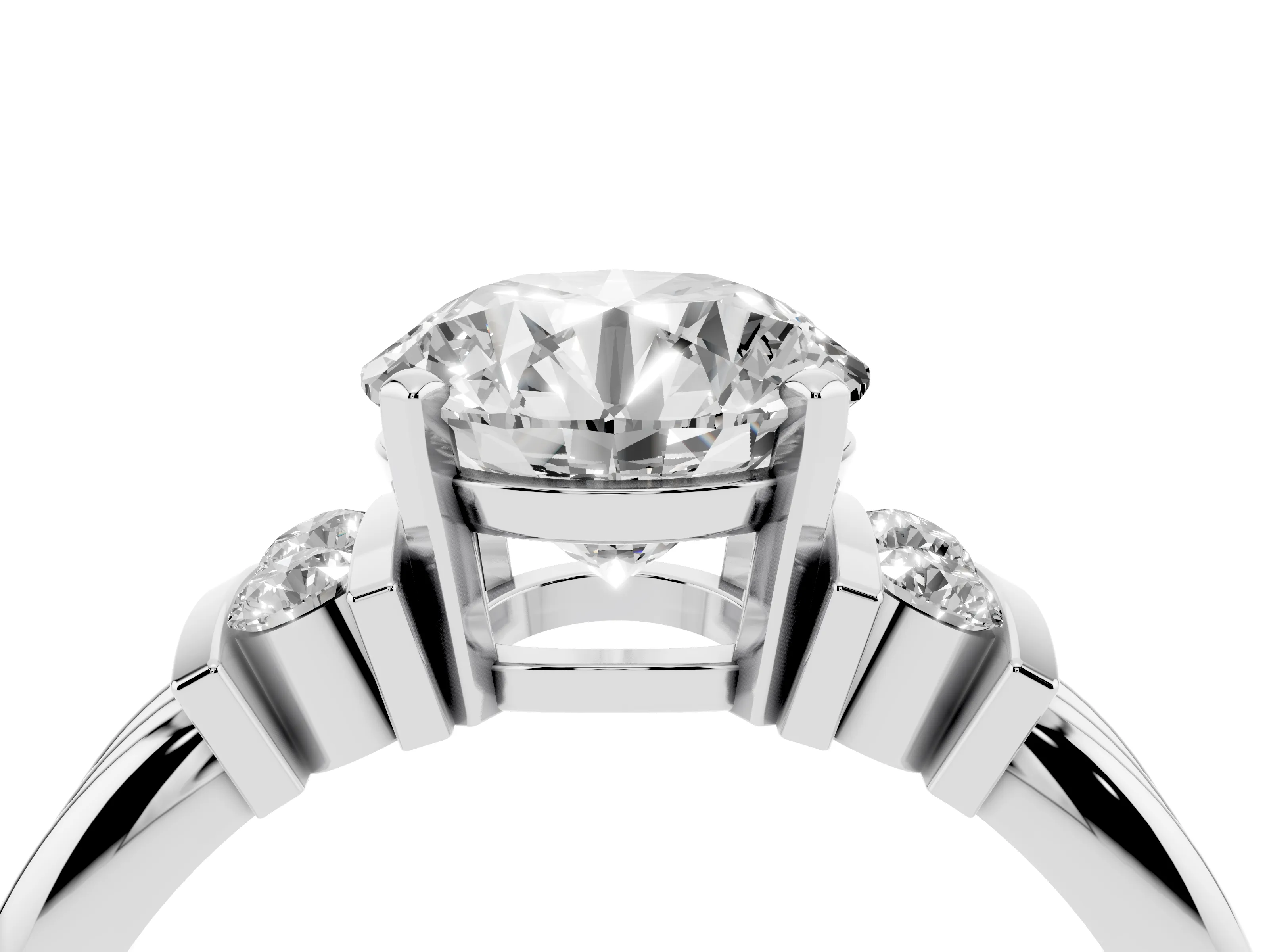 Three-Stone Round Cut Diamond Channel Set Ring Set in Silver with Bar Prongs