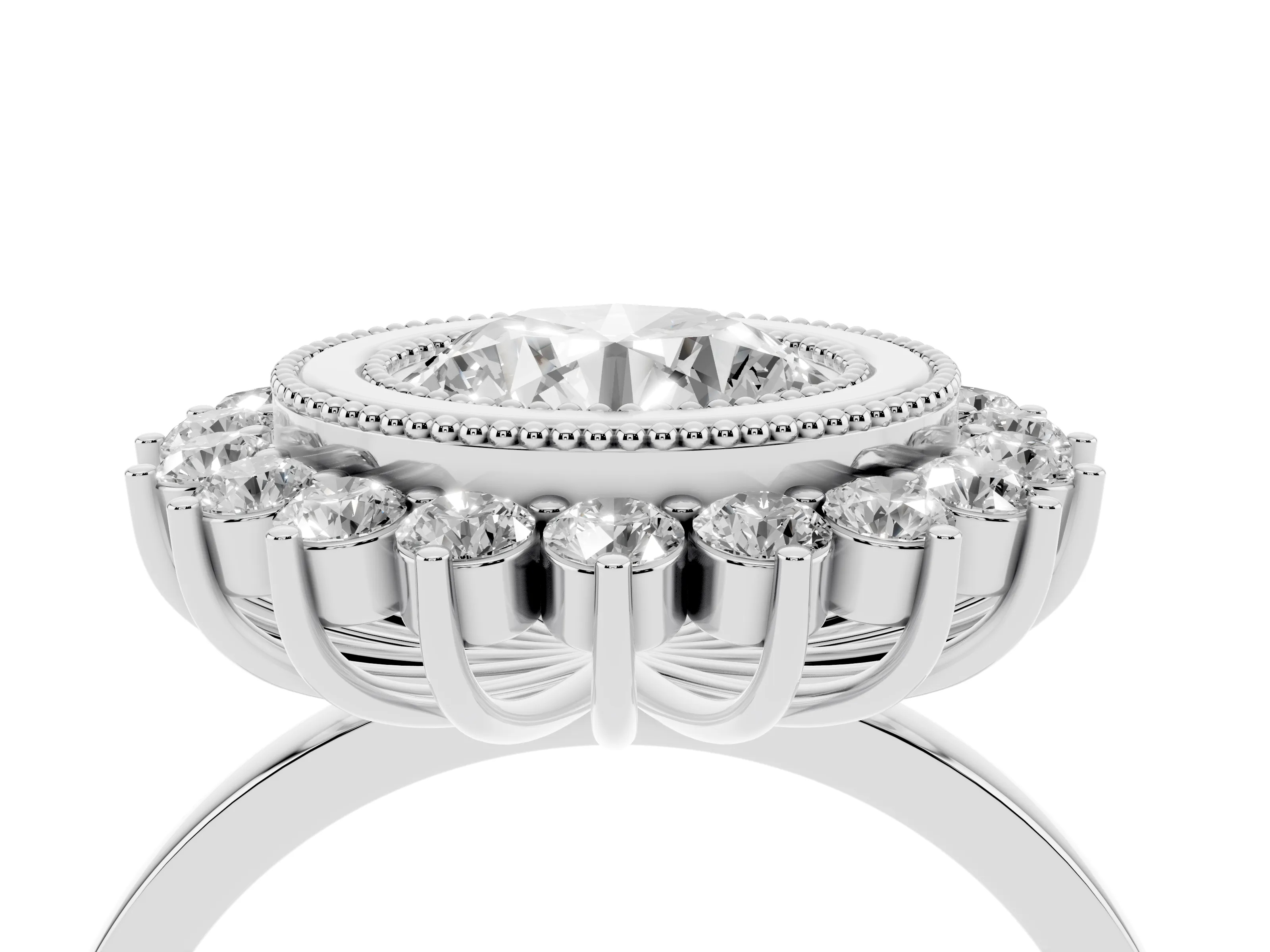 Round Cut Diamond Halo Ring Set in Silver with Milgrain Edge and Round Prong Setting