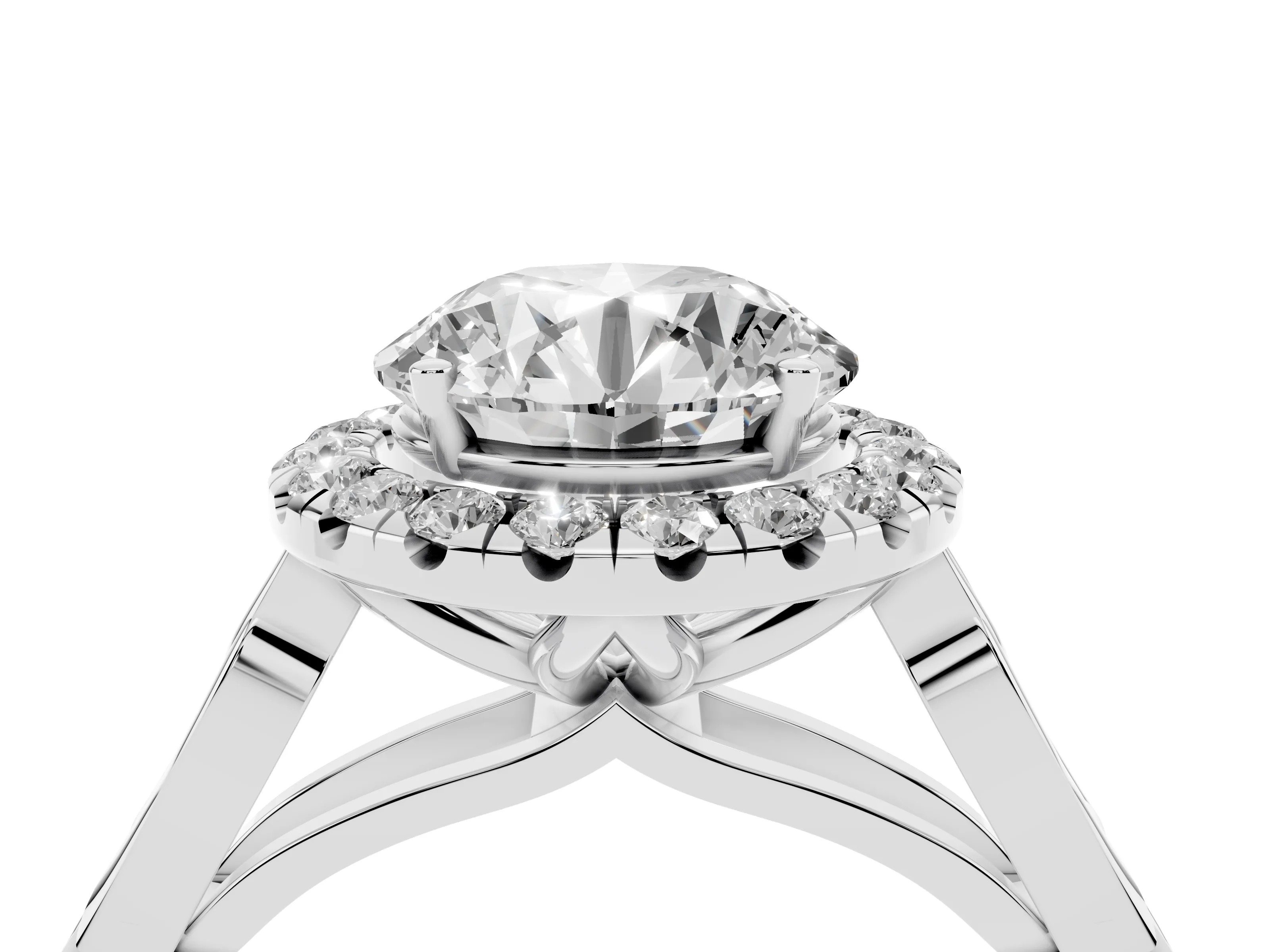 Round Cut Diamond Halo Engagement Ring Set in White gold with Filigree Band and Prong-Set Center