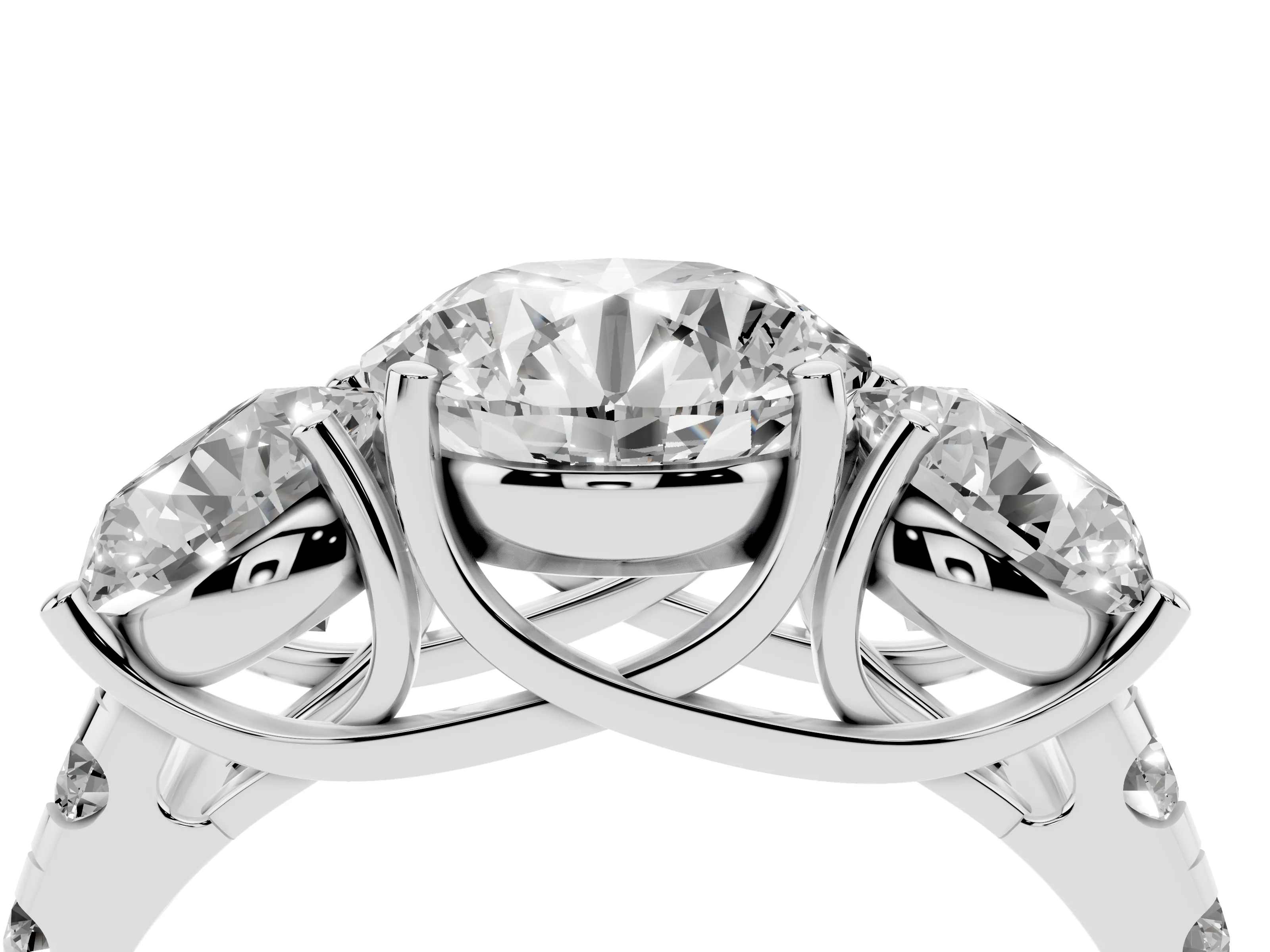 Round Cut Diamond Three-Stone Ring Set in White gold with Pavé Band