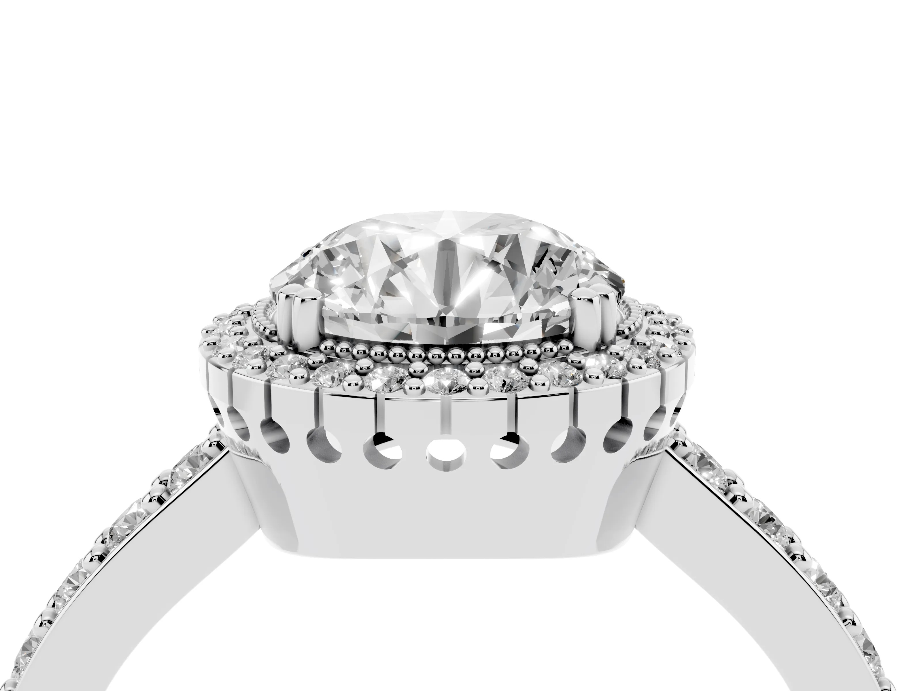 Round Cut Diamond Halo Engagement Ring Set in Platinum with Milgrain Detail and Pavé Band