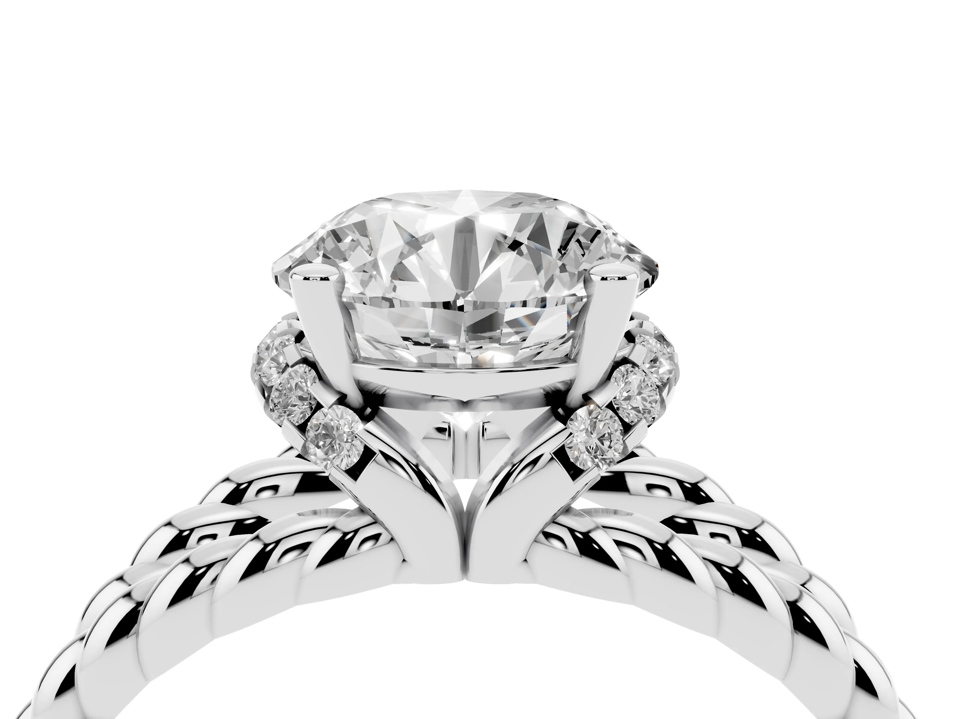 Round Cut Diamond Halo Ring Set in White gold with Twisted Band and Prong Setting