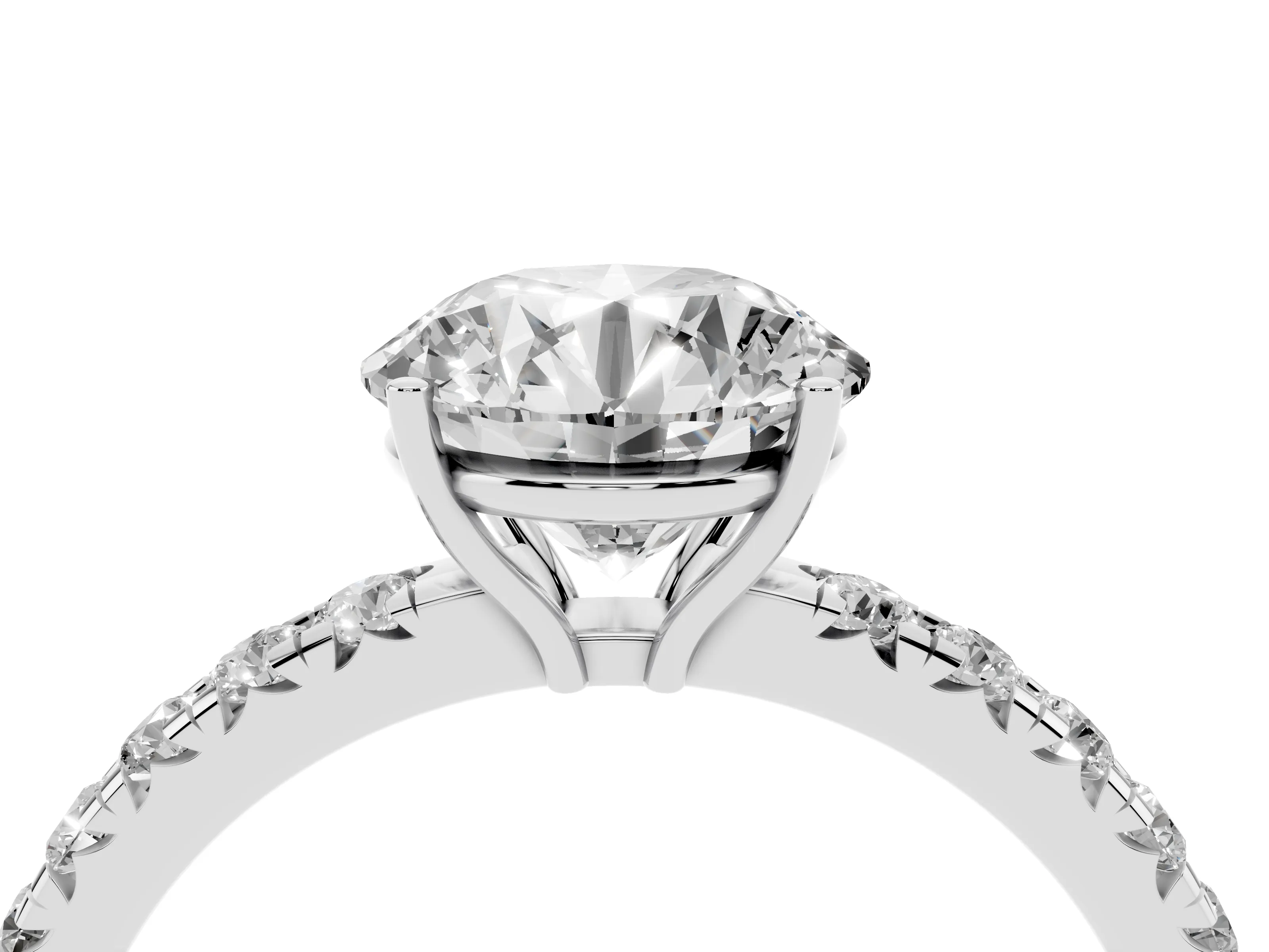 Round Cut Diamond Pavé Solitaire Engagement Ring Set in White gold with Prong Setting