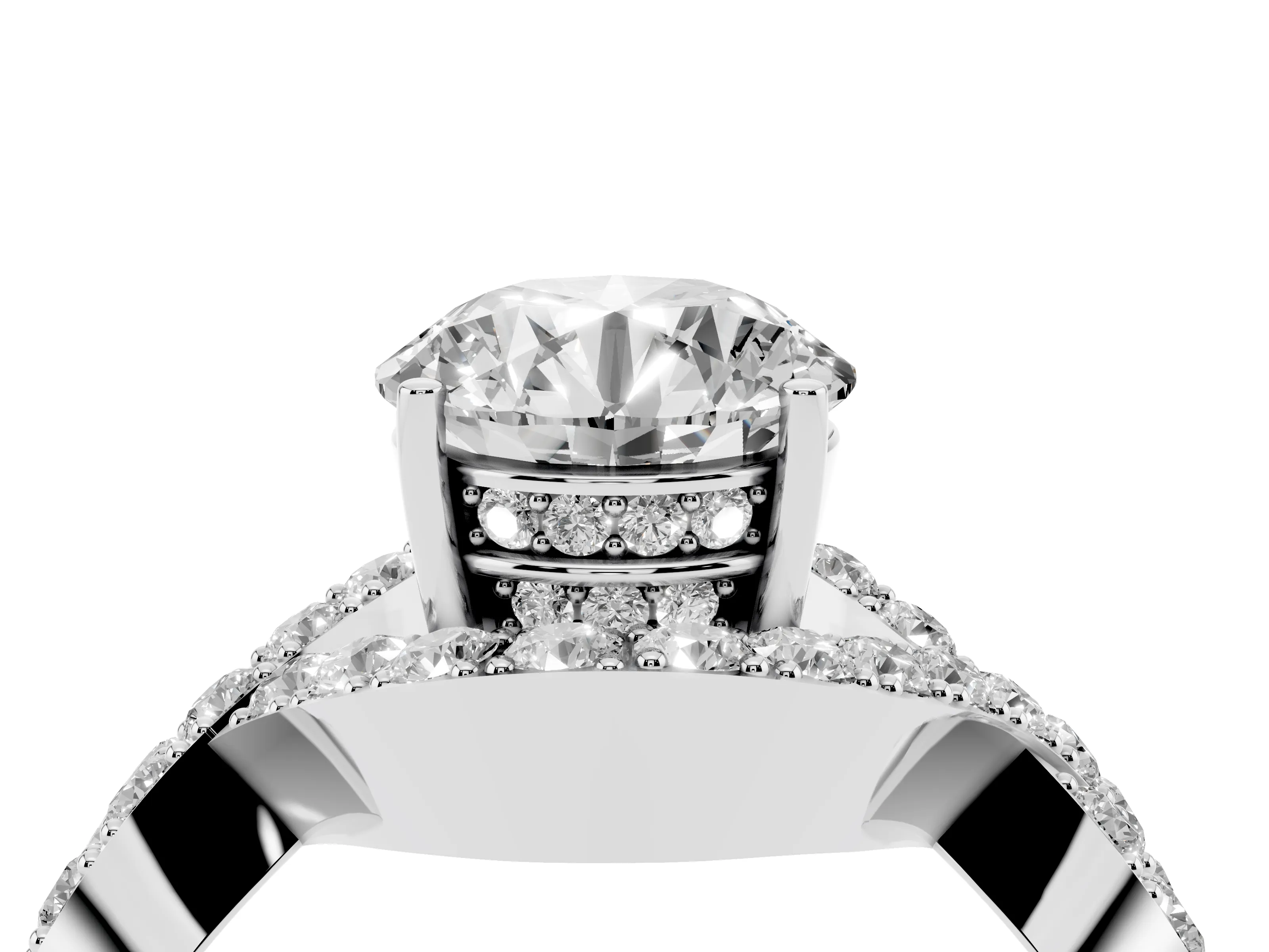 Round Cut Diamond Solitaire Twist Band Pavé Engagement Ring Set in White gold