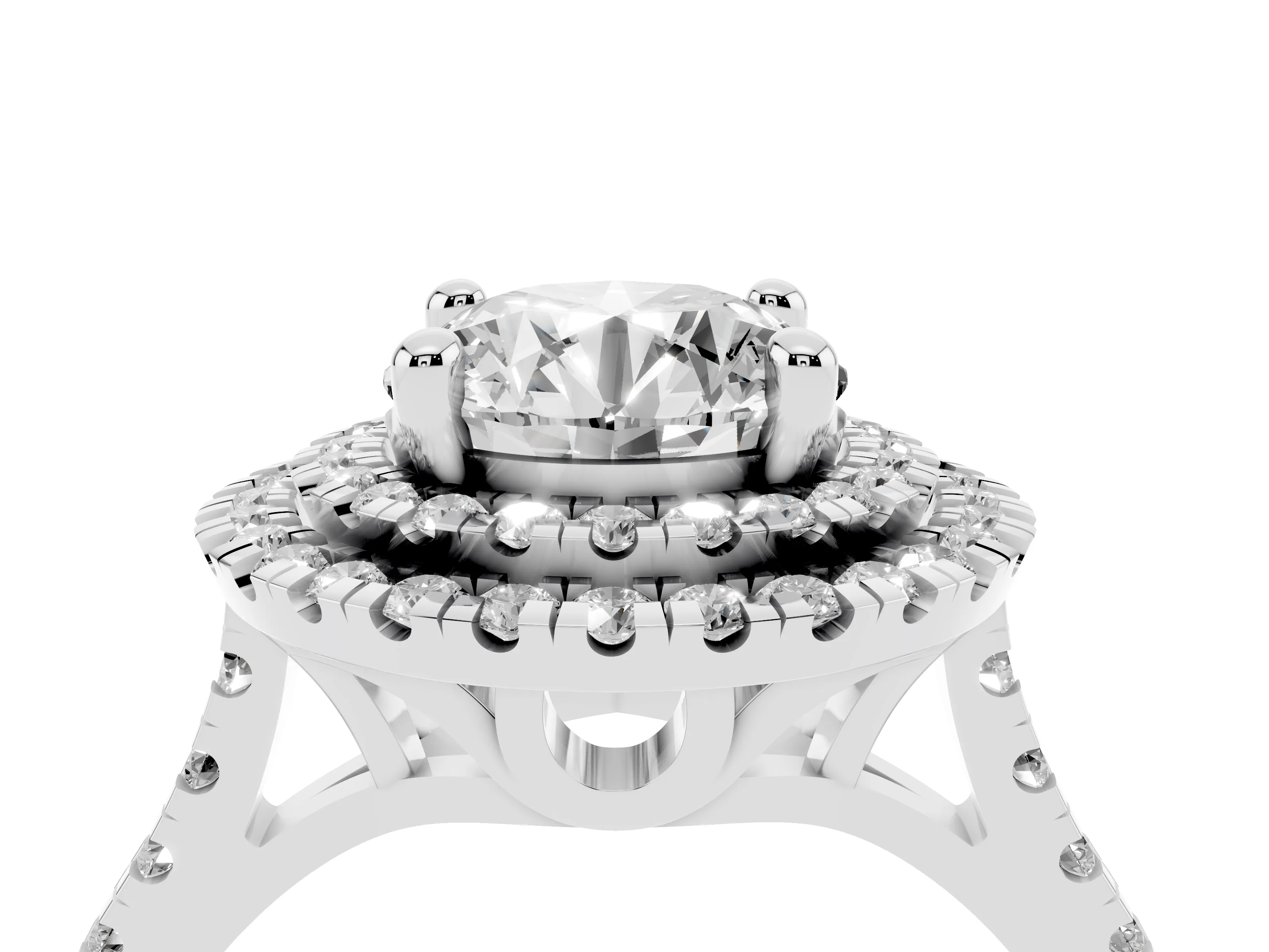 Round Cut Diamond Double Halo Statement Ring Set in Silver with Pavé Band