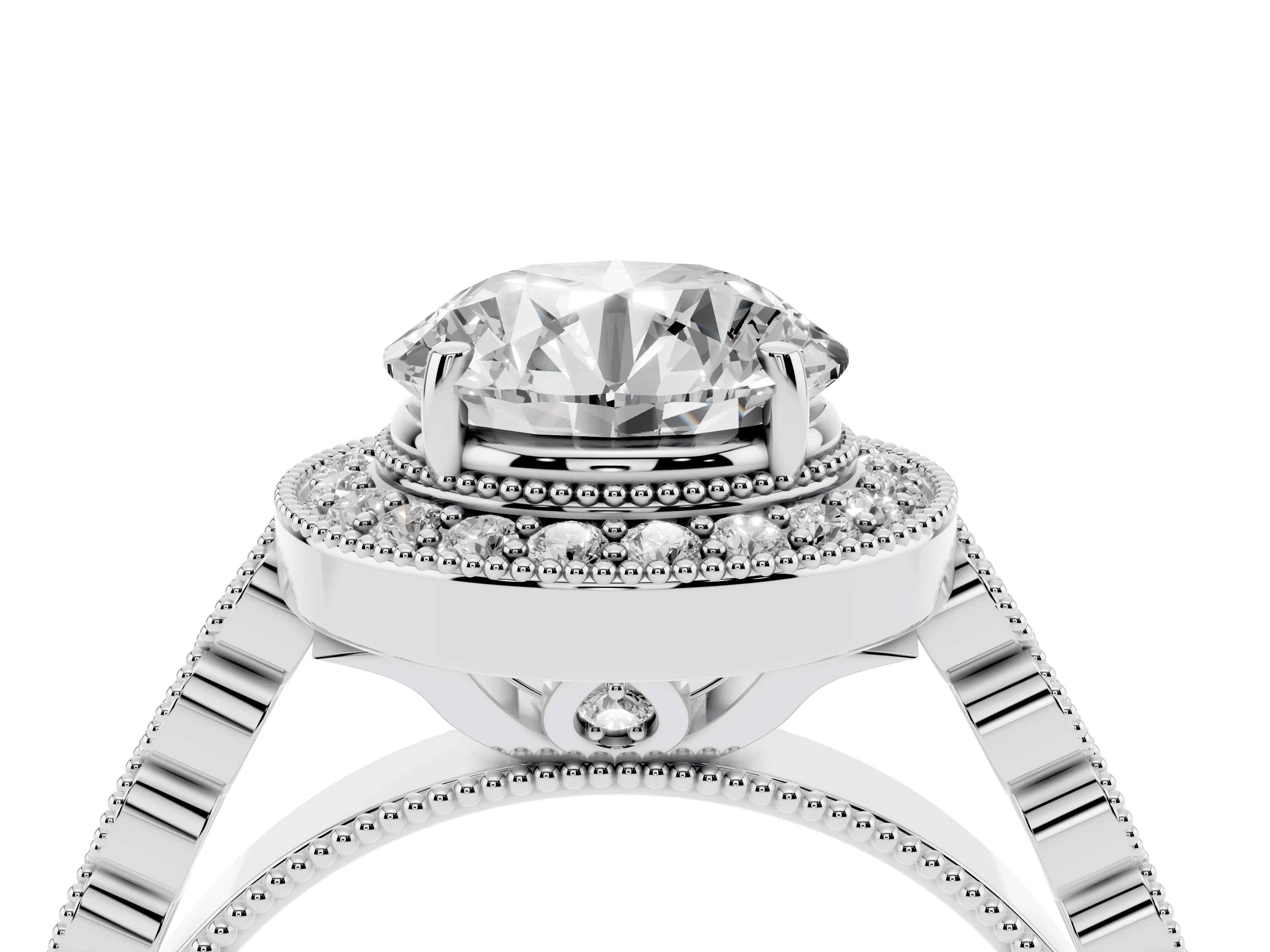 Round Cut Diamond Milgrain Halo Solitaire Ring Set in White gold with Bezel Set Side Stones and Pavé Band