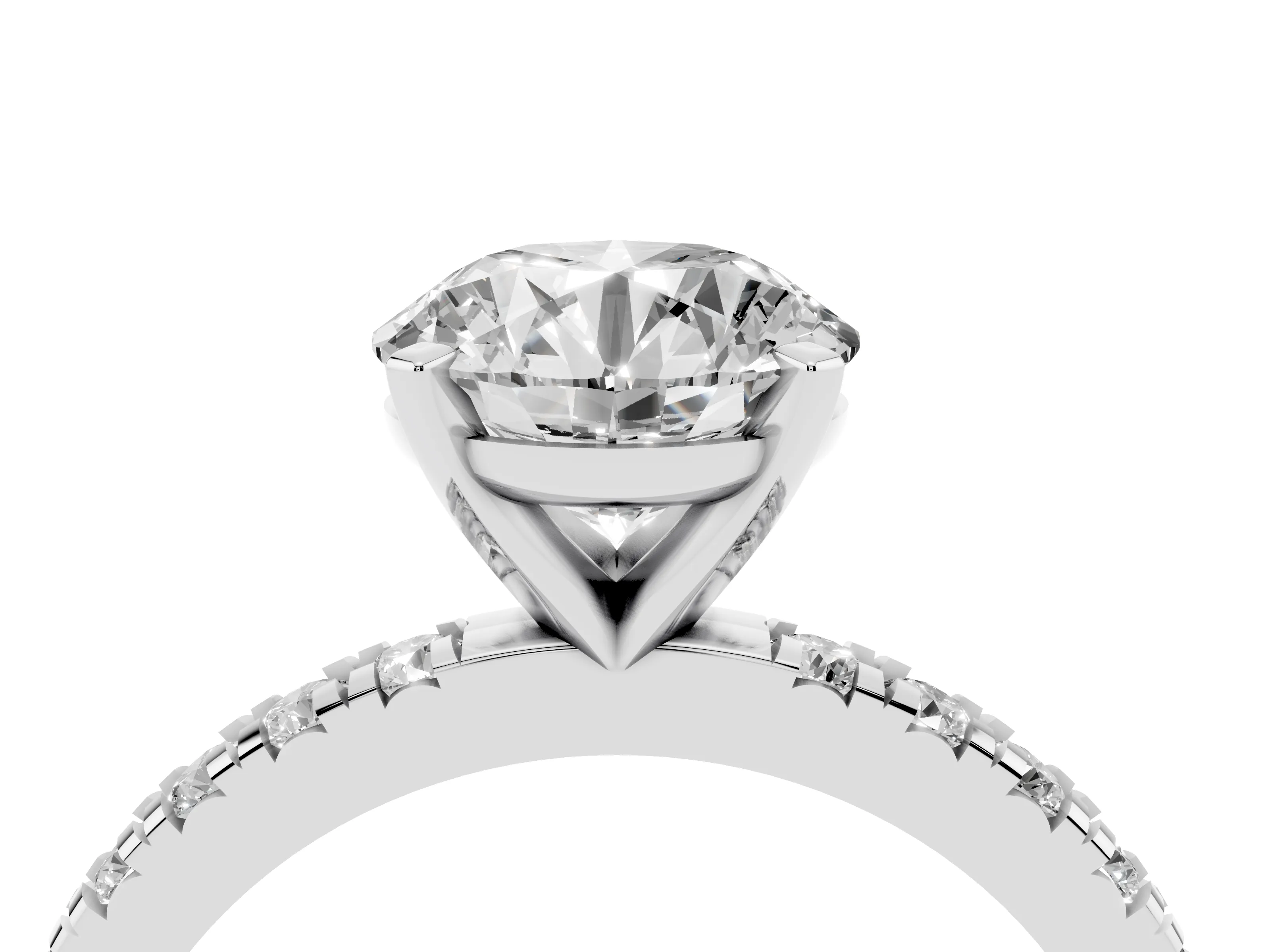 Round Cut Diamond Pavé Band Solitaire Set in White gold with Prong Setting