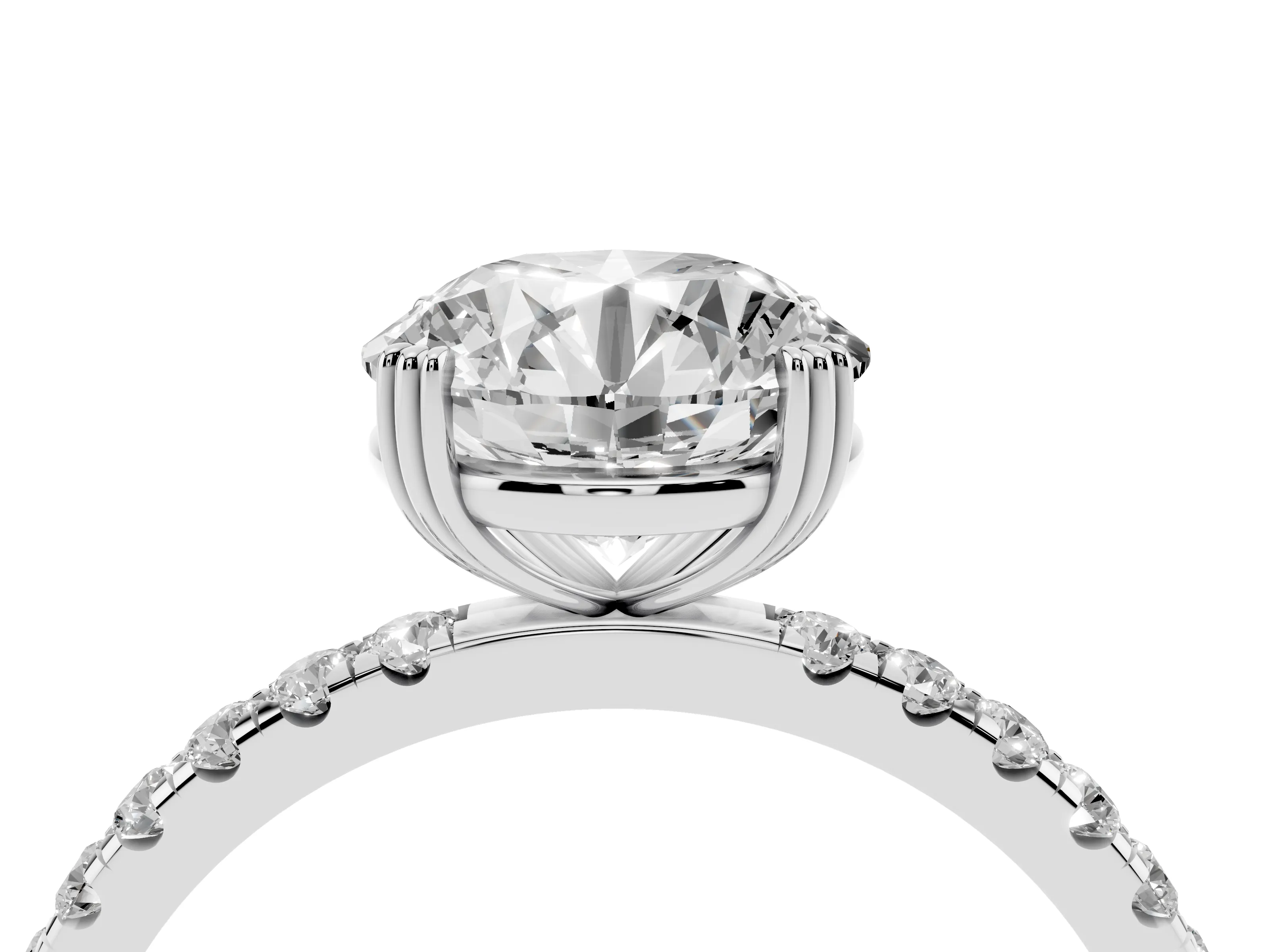 Round Cut Diamond Brilliant Solitaire Set in Silver with Pavé Band and Claw Prong Setting