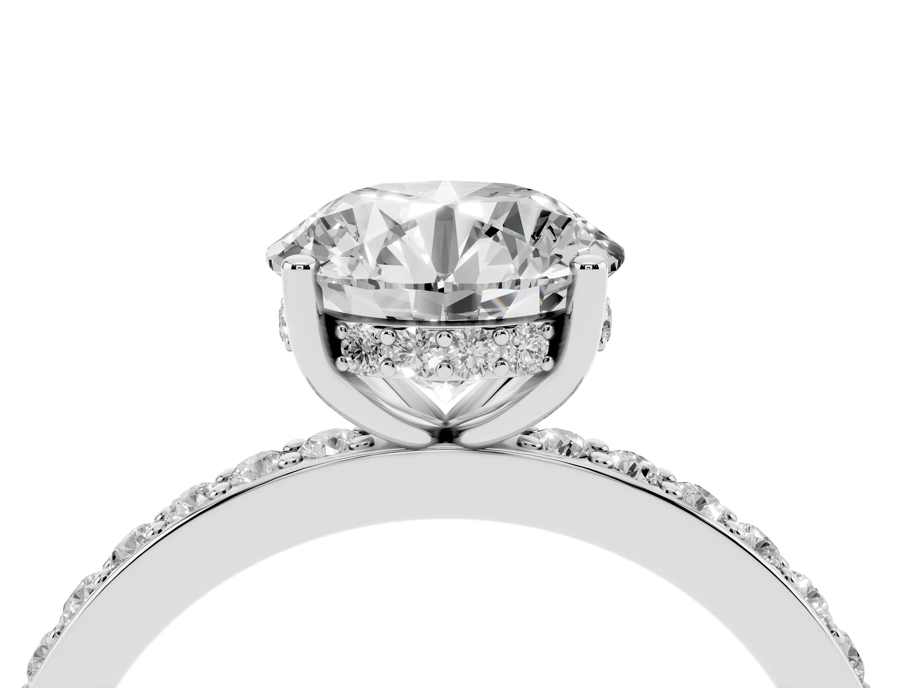 Round Cut Diamond Pavé Band Ring Set in Platinum with Prong-Set Center Stone
