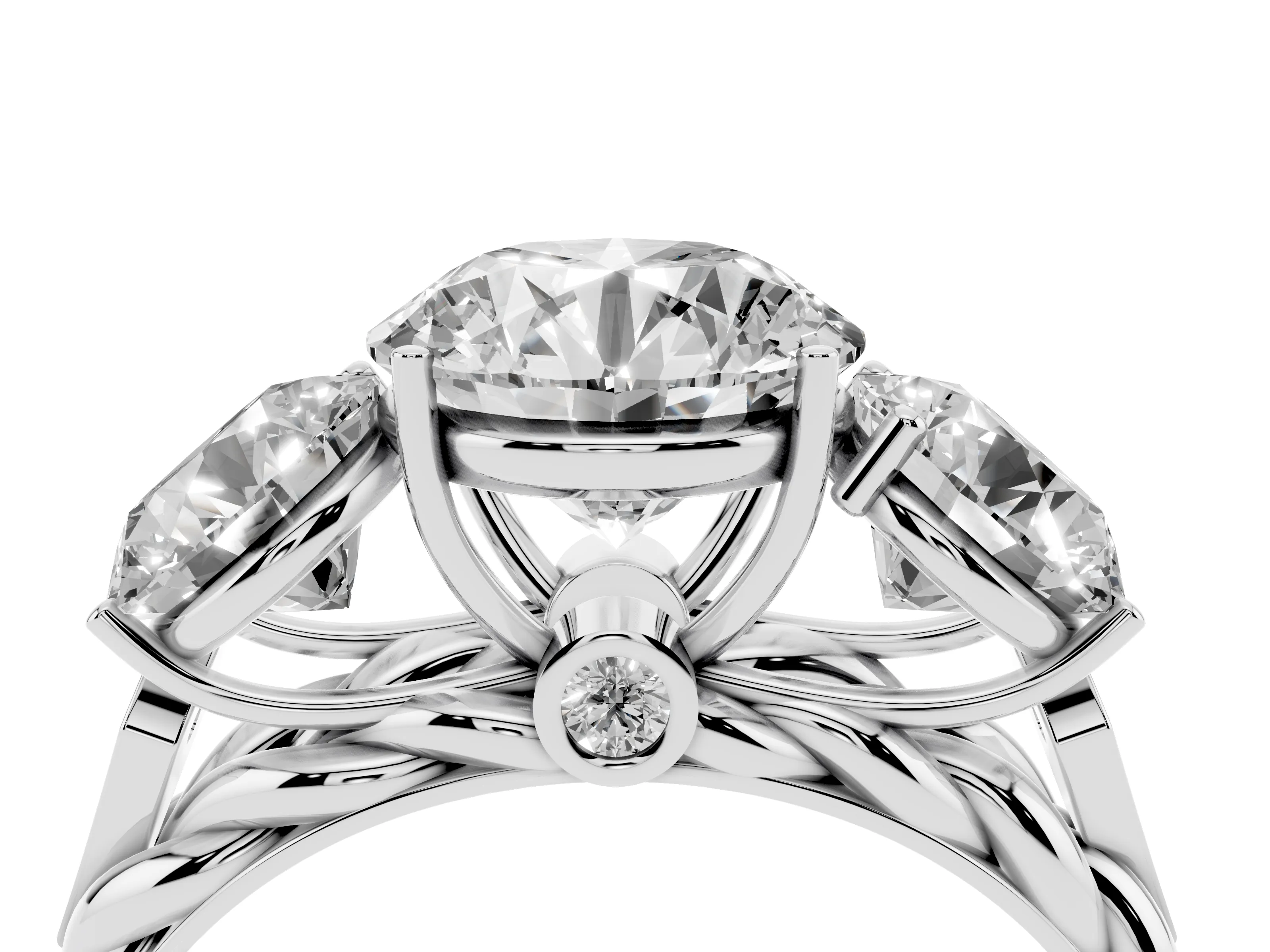 Round Cut Diamond Three-Stone Ring Set in Silver with Braided Band