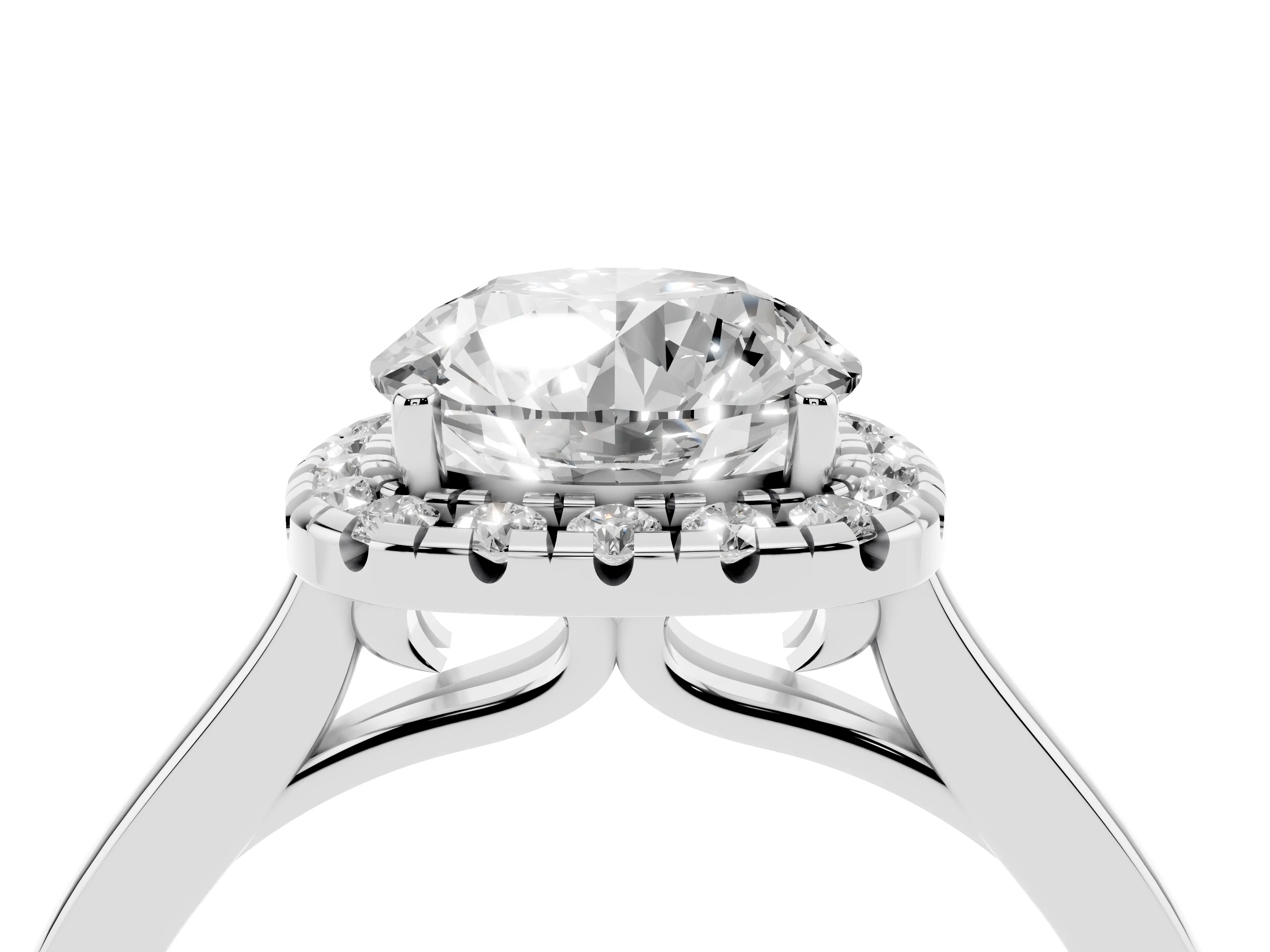 Round Cut Halo Round Diamond Solitaire Ring Set in White gold with Pavé Band and Prong Setting