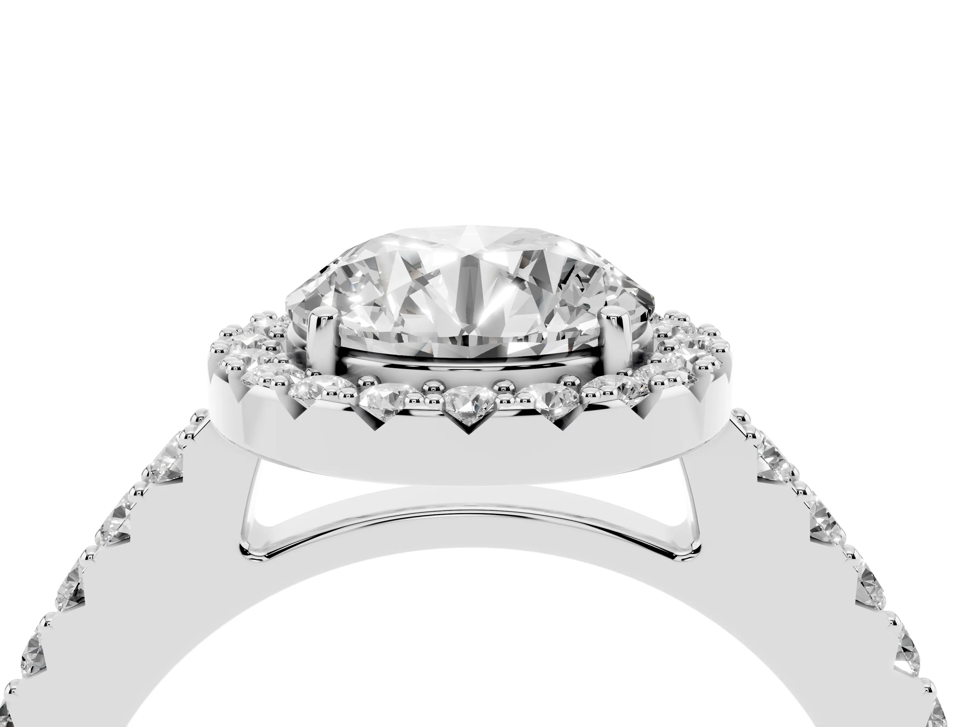 Round Cut Diamond Halo Pavé Solitaire Ring Set in White gold with Prong-Set Center Stone