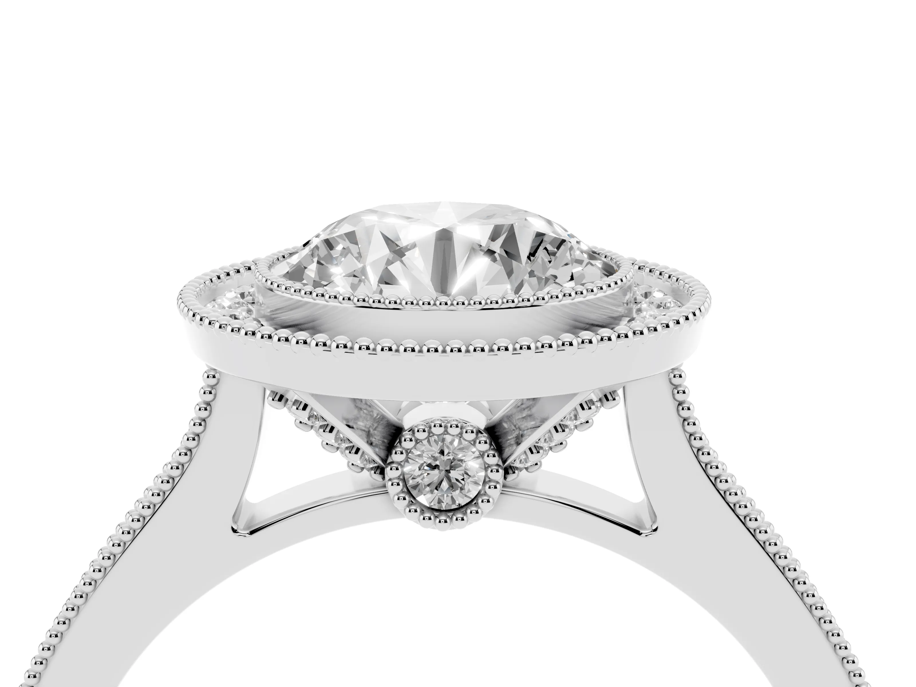 Round Cut Diamond Halo Milgrain Pavé Band Ring Set in Platinum with Prong Setting