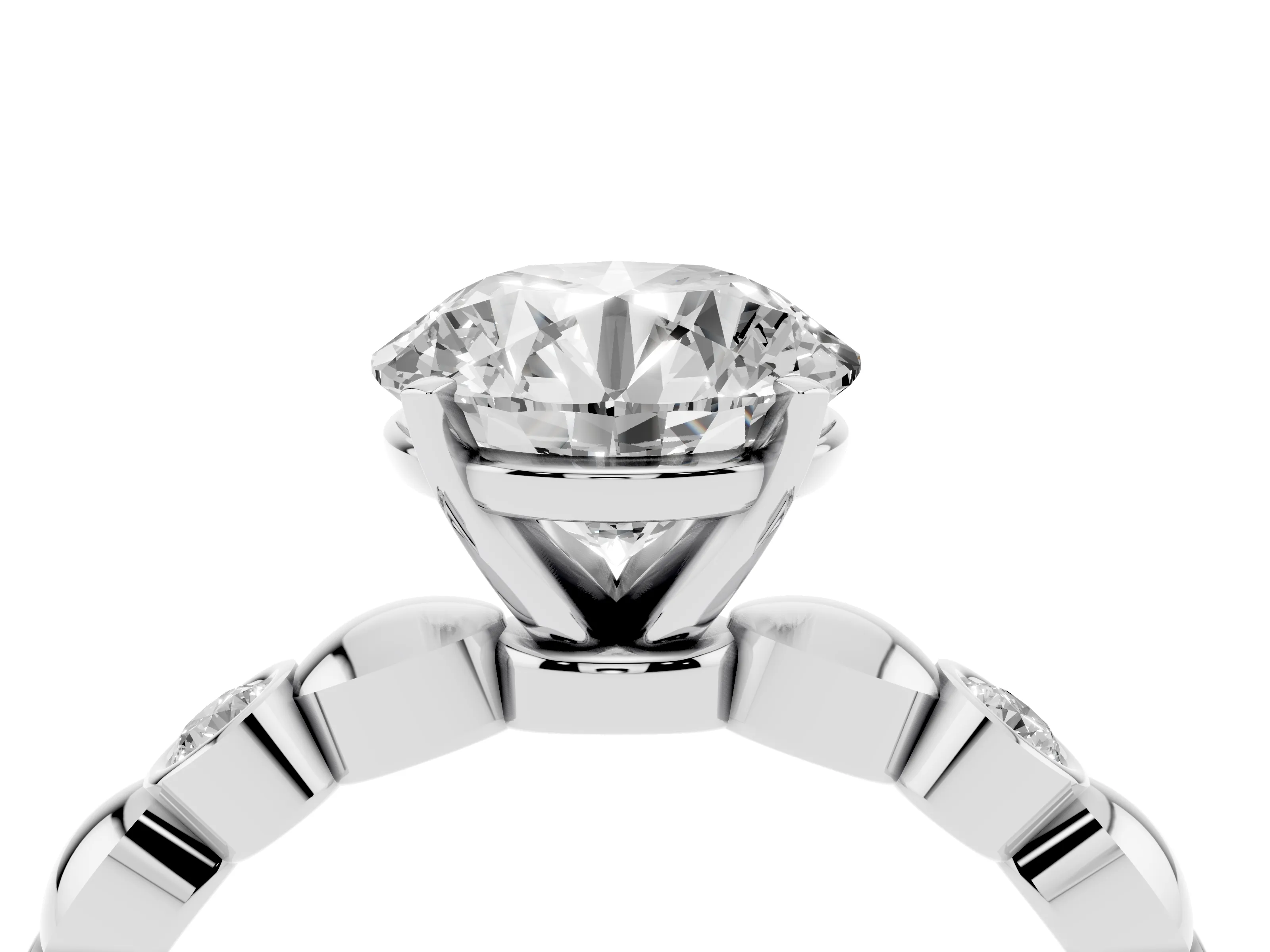 Round Cut Diamond Solitaire Ring Set in Platinum with Bezel-Set Accents on Beaded Band and Prong Setting