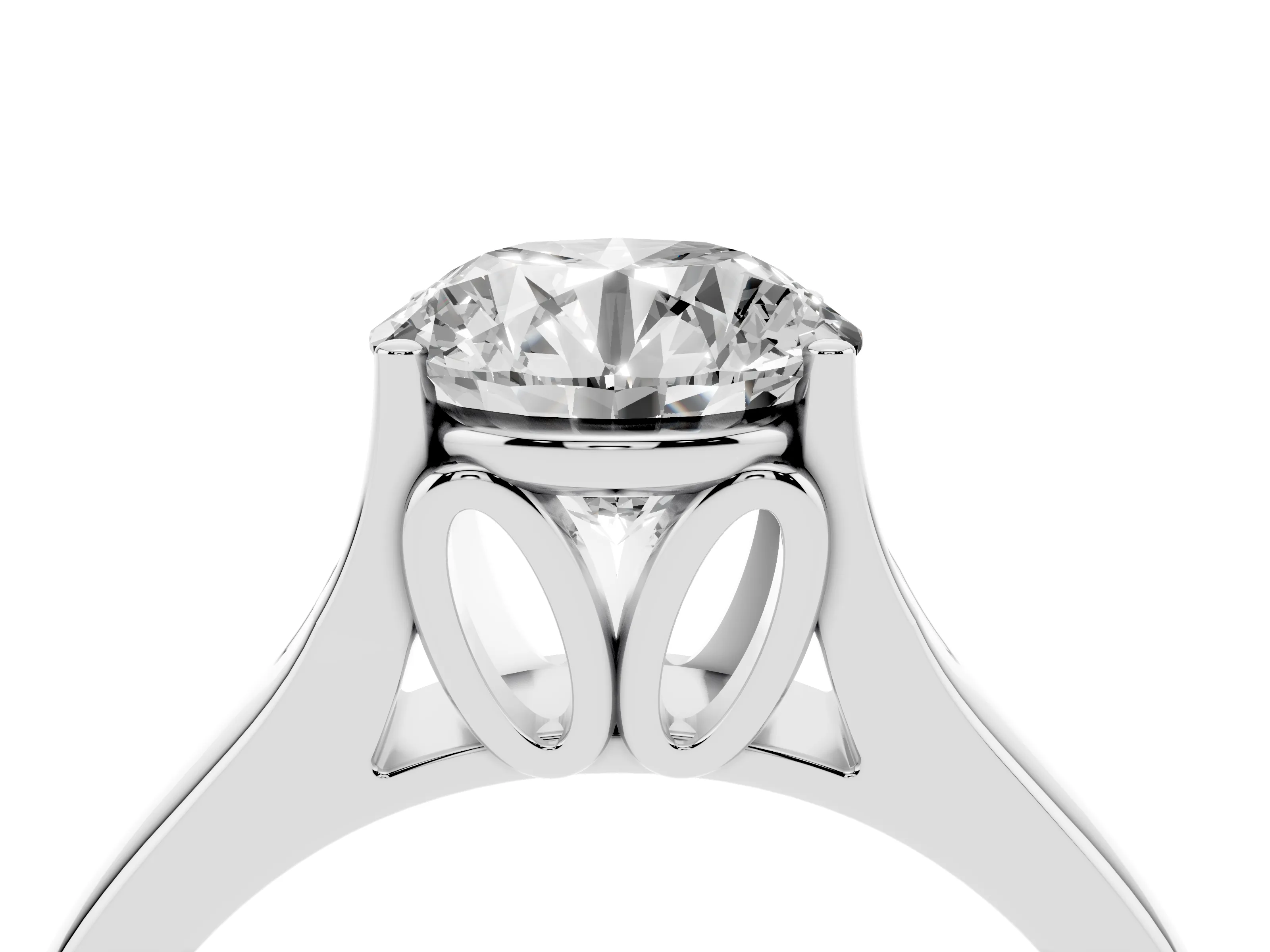 Round Cut Diamond Solitaire Ring Set in Platinum with Arched Cathedral Band and Prong Setting