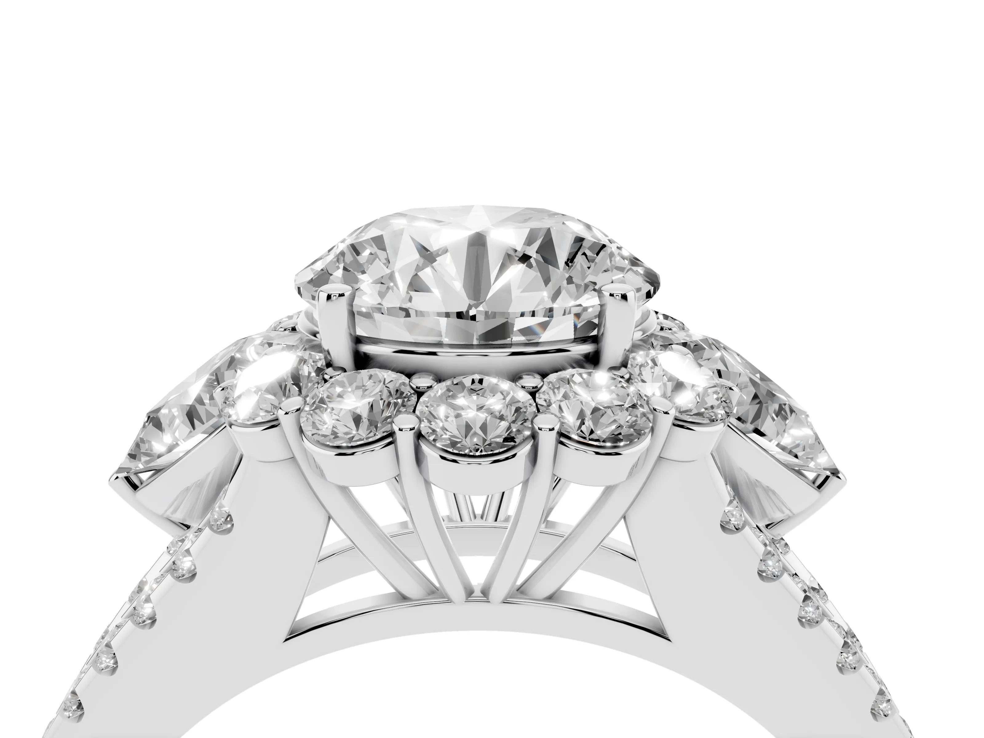 Round Cut Diamond Halo Split Shank Engagement Ring Set in Silver with Prong-Held Center Stone