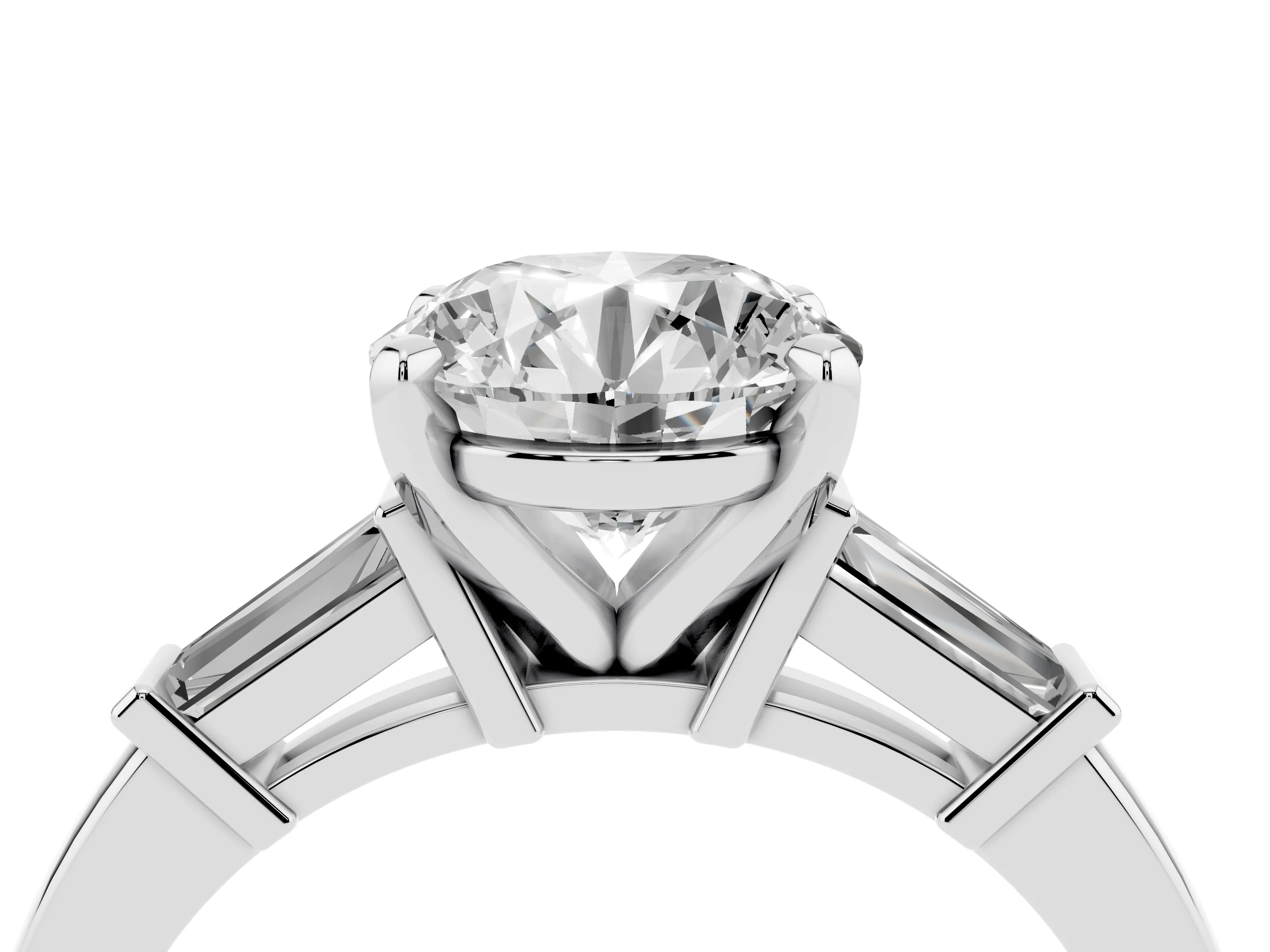 Round Cut Diamond Solitaire Ring Set in White gold with Tapered Baguette Accents and Prong Setting