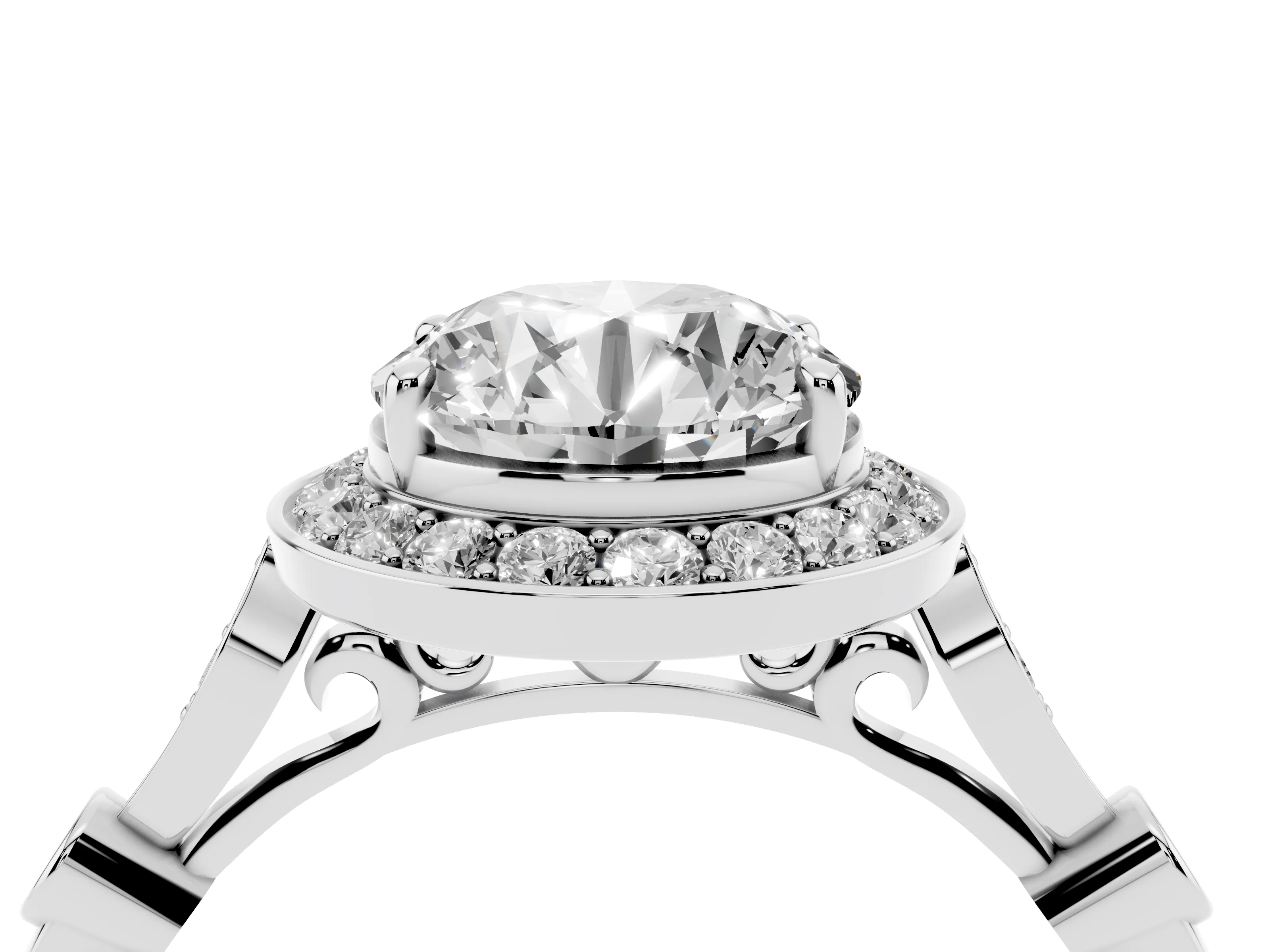 Round Cut Diamond Halo Engagement Ring Set in Platinum with Twisted Band and Prong Setting