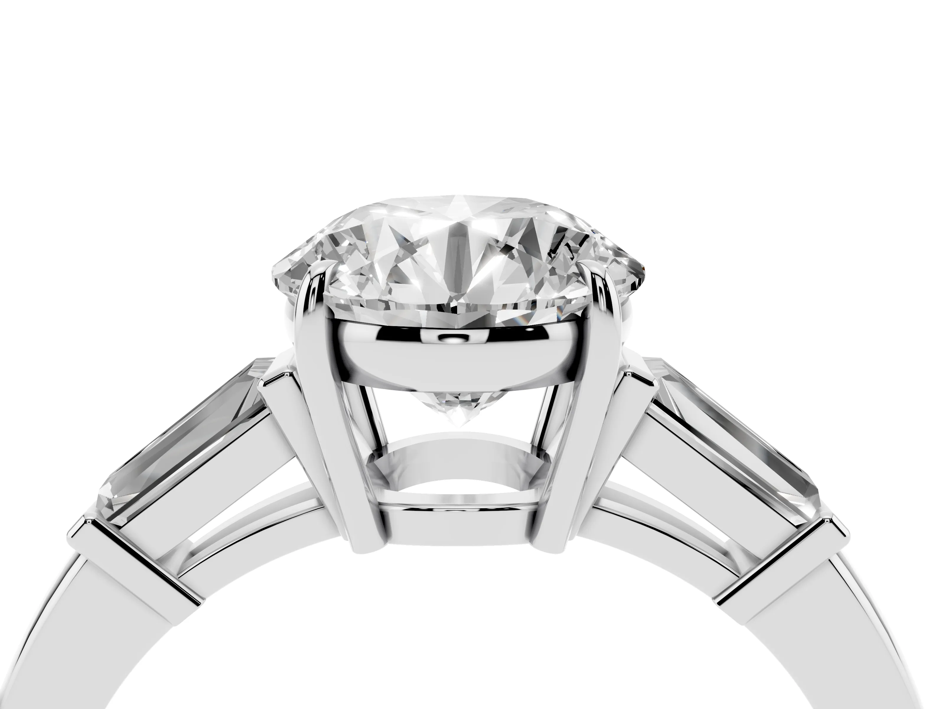 Round Cut Diamond Three-Stone Ring Set in White gold with Tapered Baguette Side Stones and Prong Setting