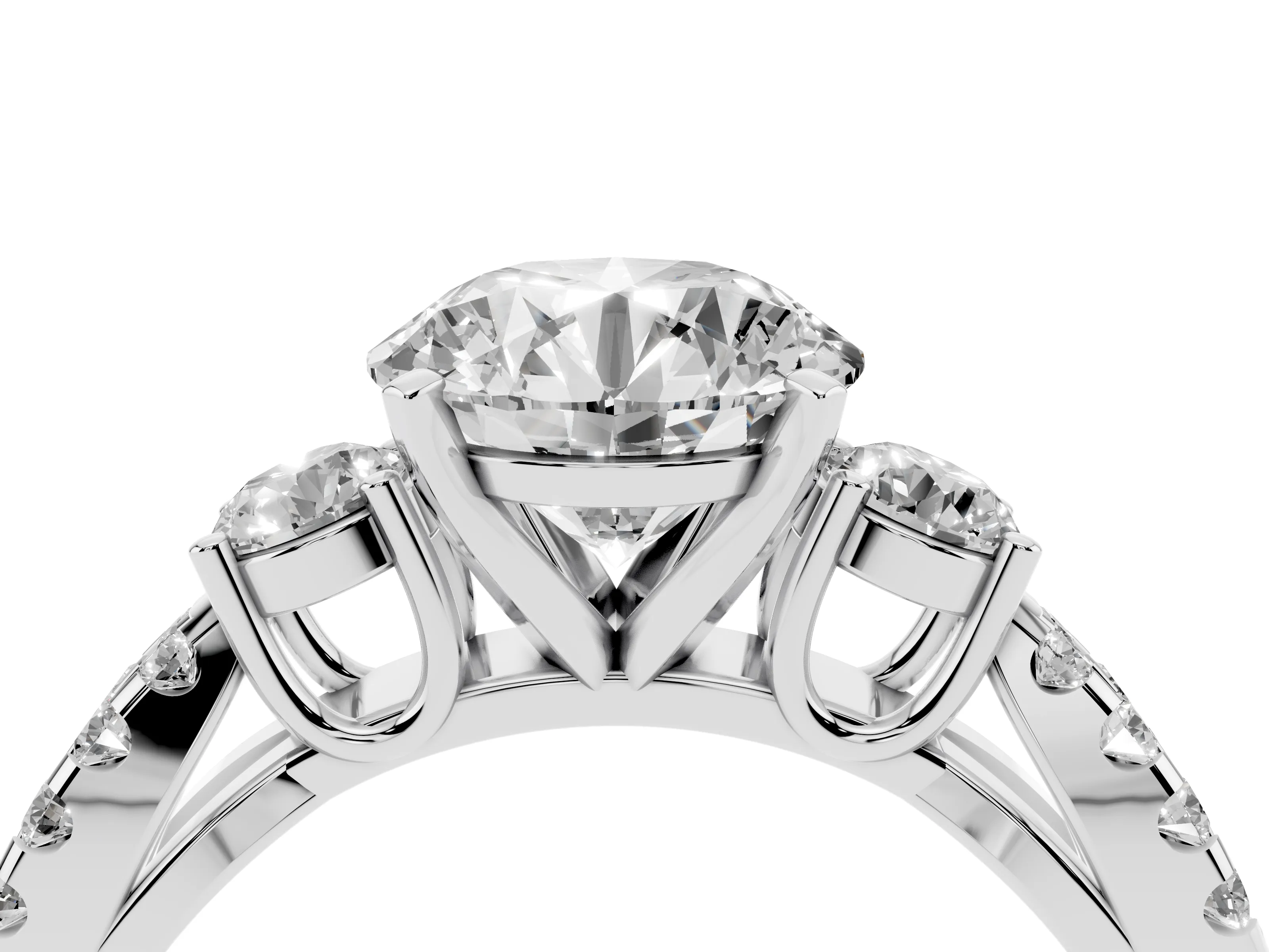 Round Cut Diamond Three-Stone Ring Set in Silver with Pavé Split Shank and Prong Setting