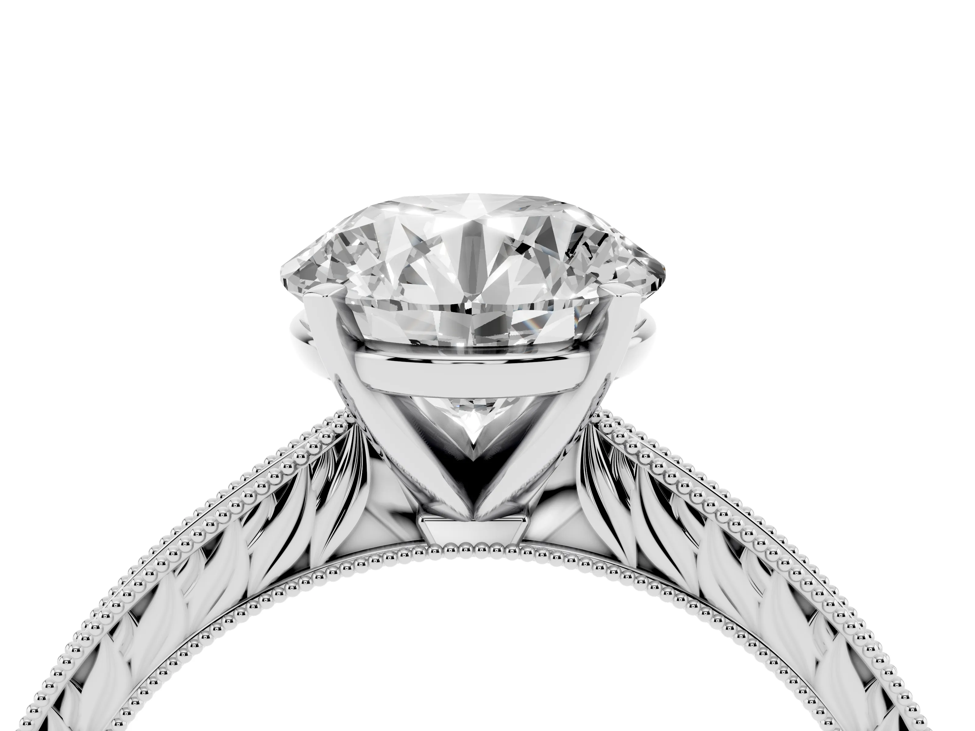 Round Cut Diamond Solitaire Milgrain Engraved Band Set in Platinum with Prong Setting