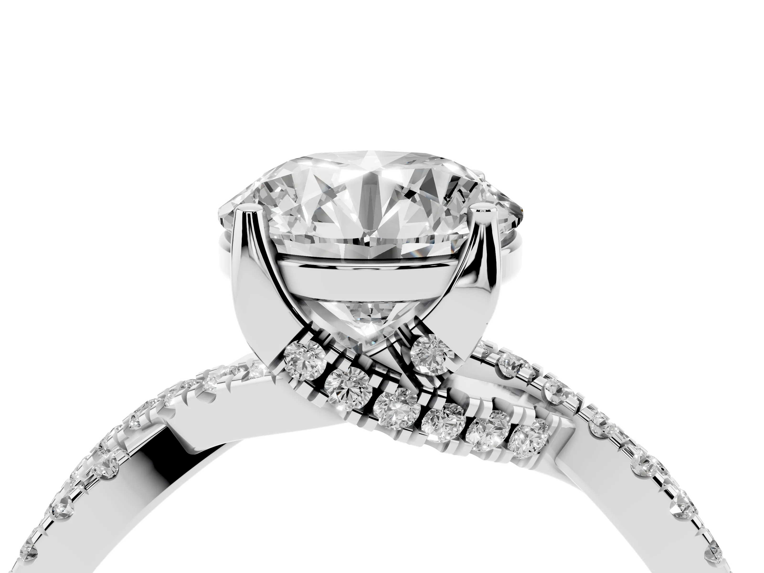 Round Cut Diamond Twist Pavé Solitaire Engagement Ring Set in Silver with Prong Setting