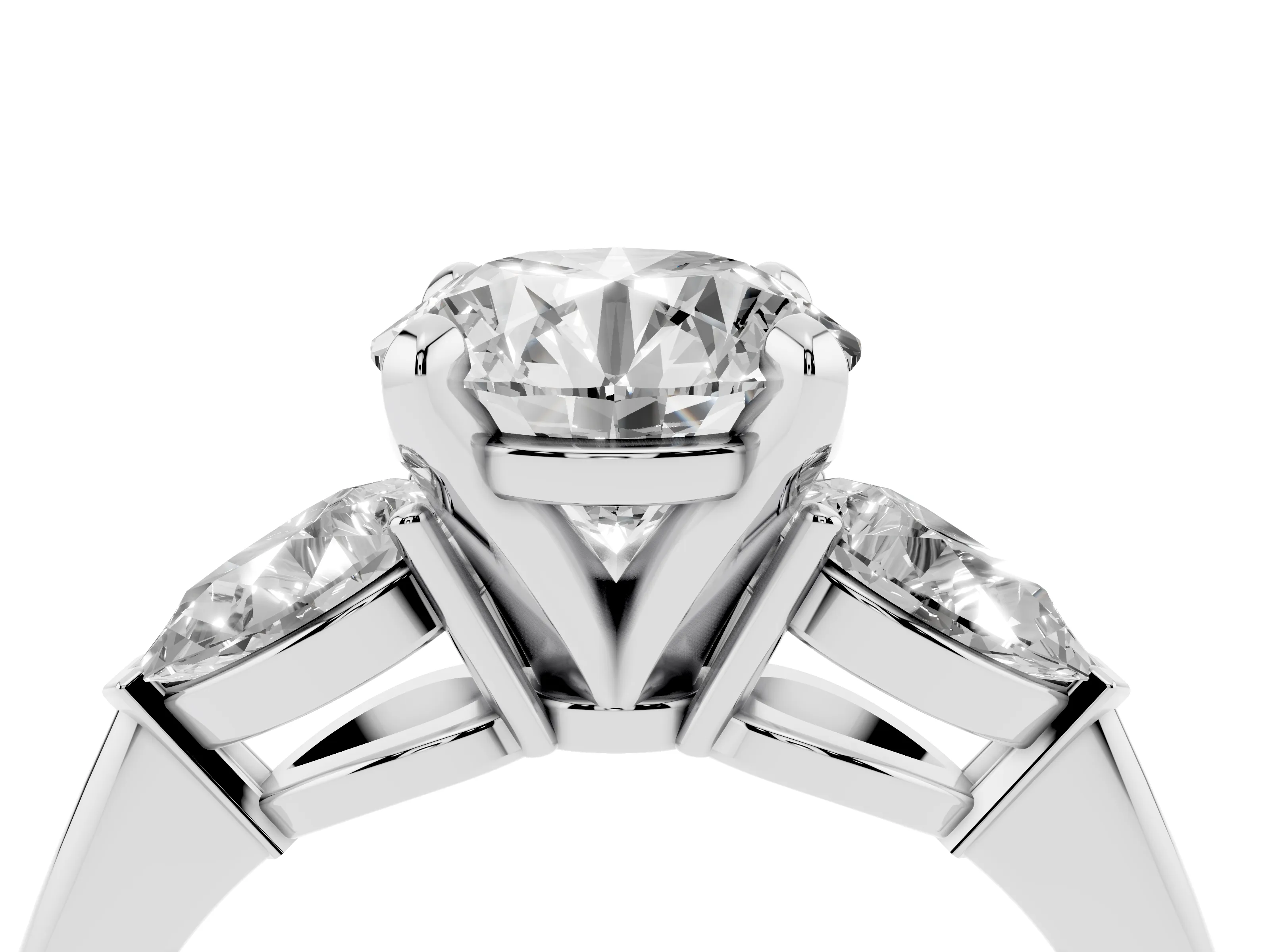 Three-Stone Round Cut Diamond Ring Set in Silver with Pear Side Stones and Prong Setting