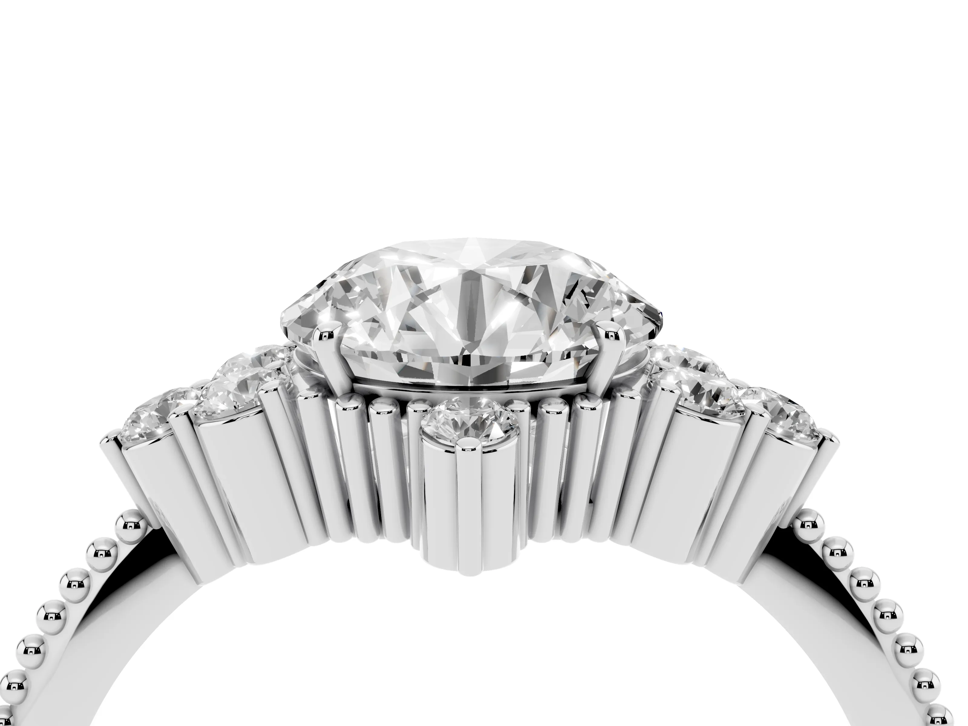 Round Cut Diamond Cluster Ring Set in Platinum with Beaded Band