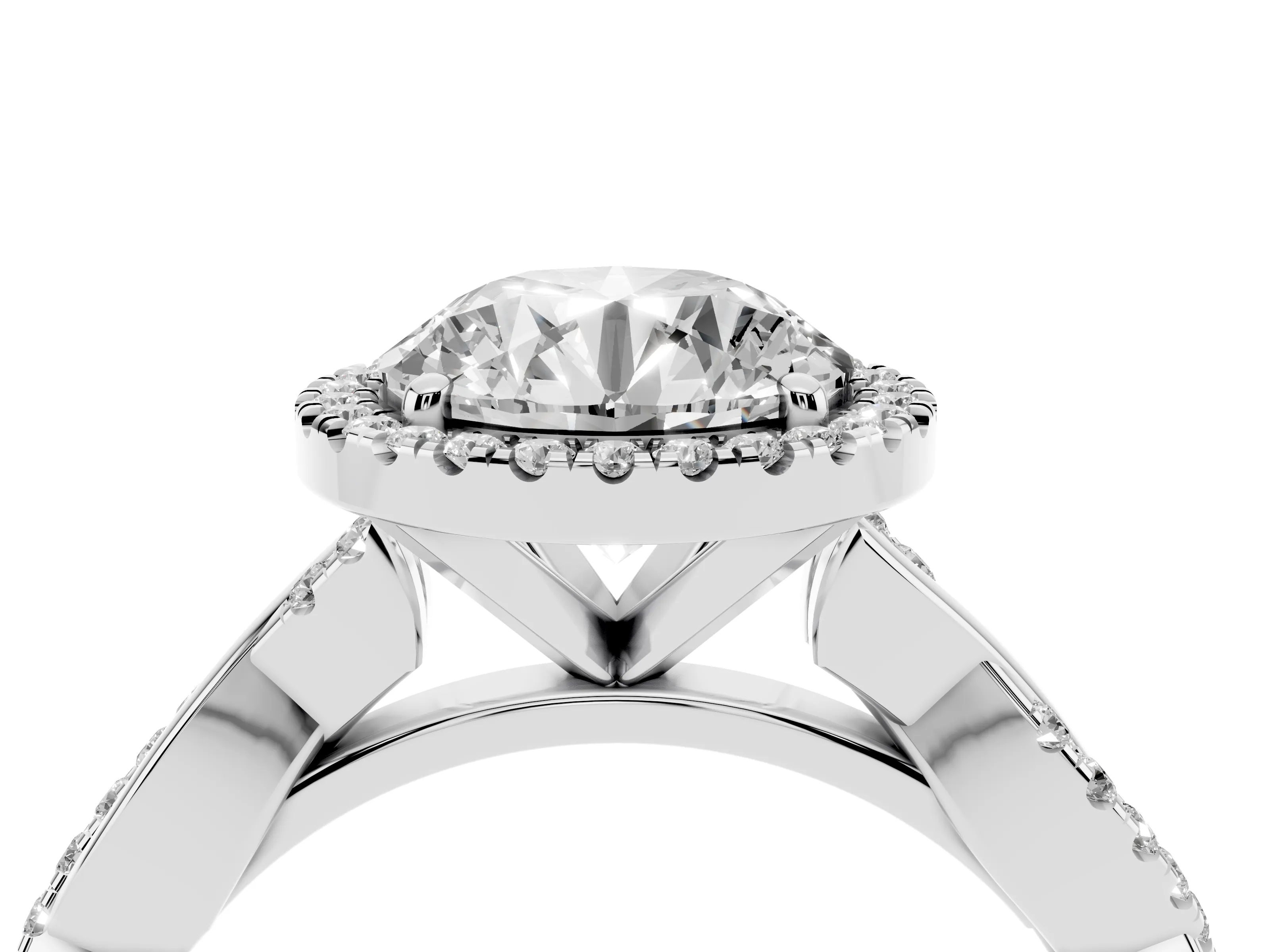 Round Cut Diamond Halo Twisted Band Ring Set in White gold with Prong Setting
